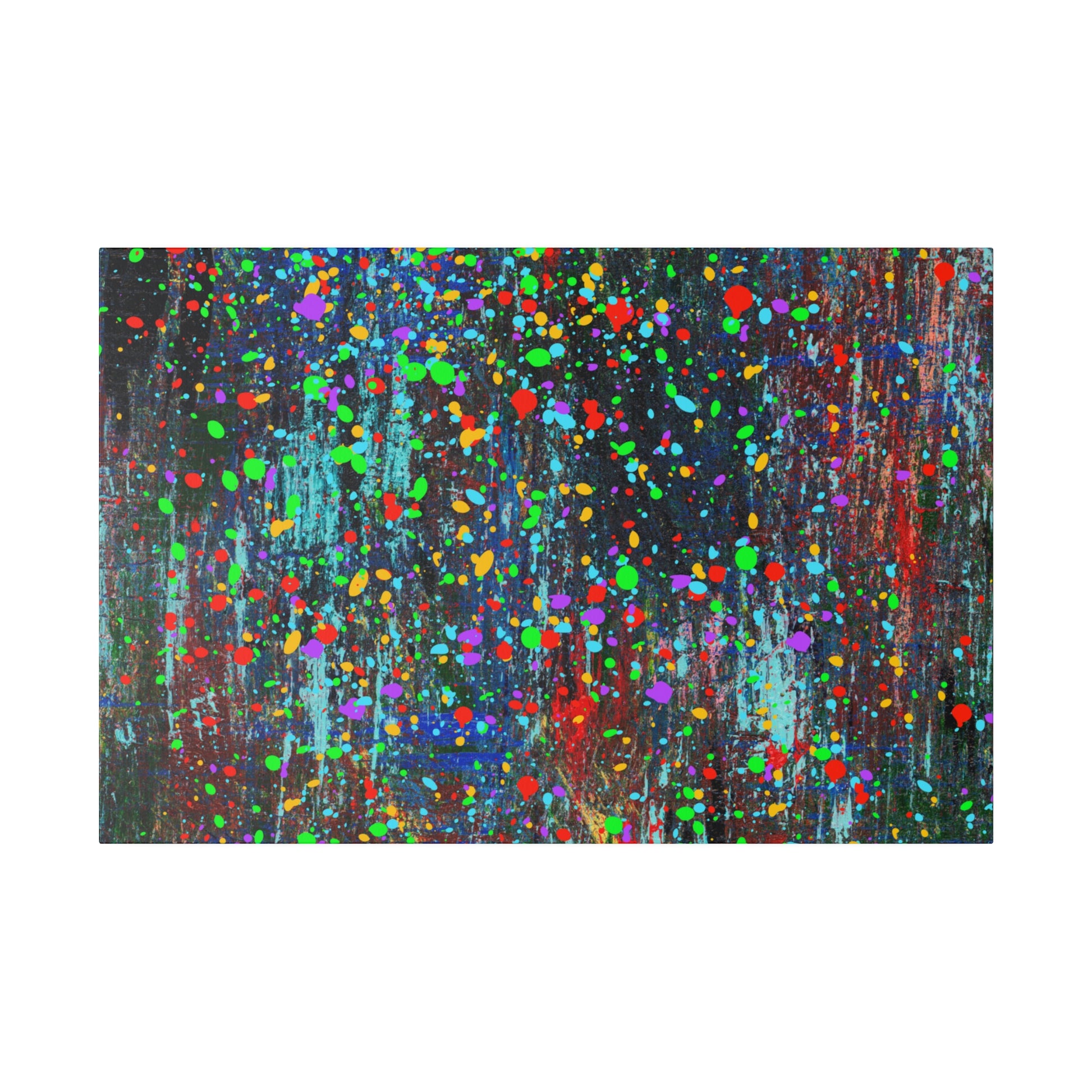 Printify color drip explosion art canvas print with vibrant multicolor splatters on dark background