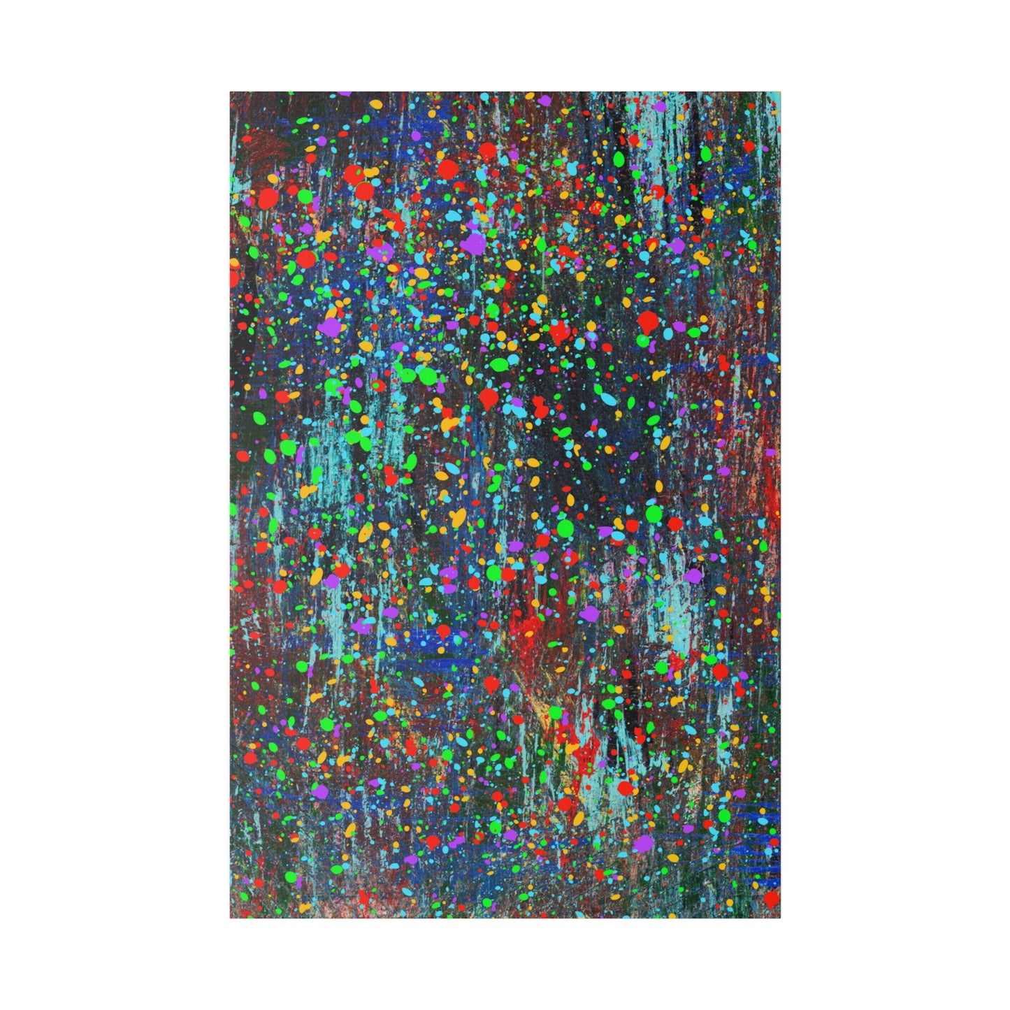 Color drip explosion art canvas print by Printify with vibrant multicolor splatter on dark background