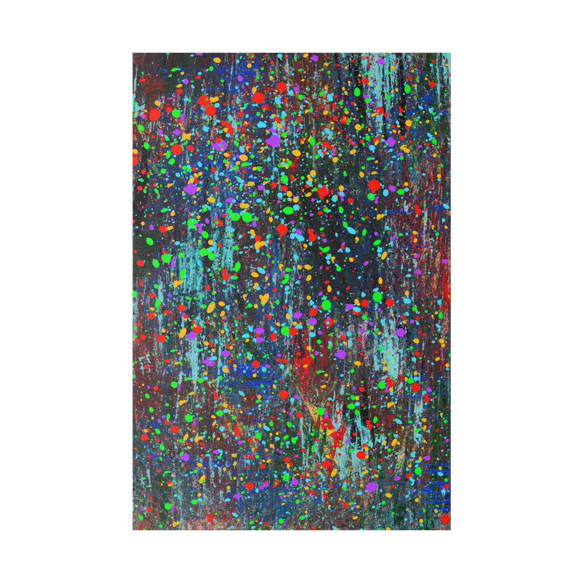 Color drip explosion art canvas print by Printify with vibrant multicolor splatter on dark background