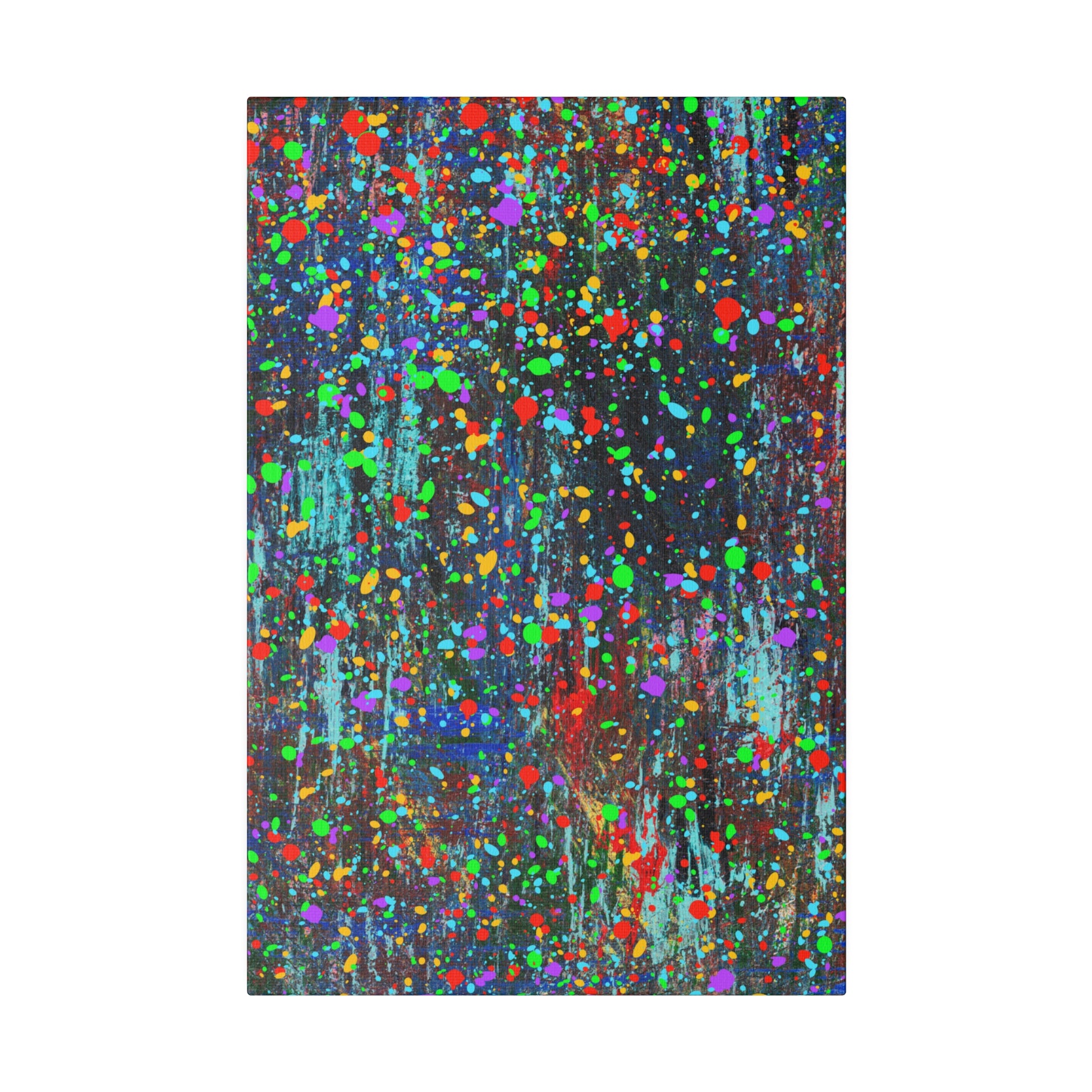 Printify color drip explosion art canvas print with vibrant multicolored paint splatters on dark background