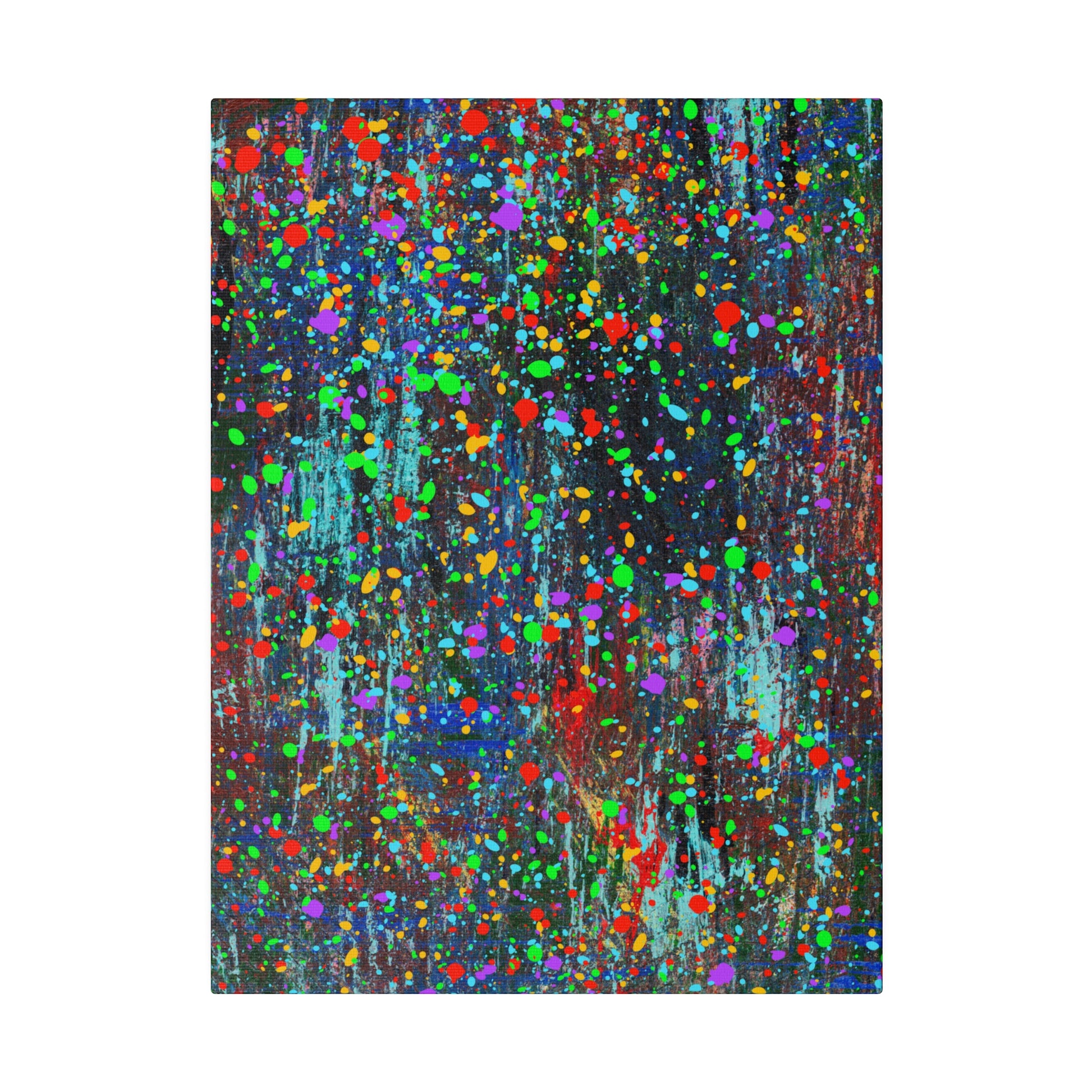 Color drip explosion art canvas print with multicolor paint splatters on dark background by Printify