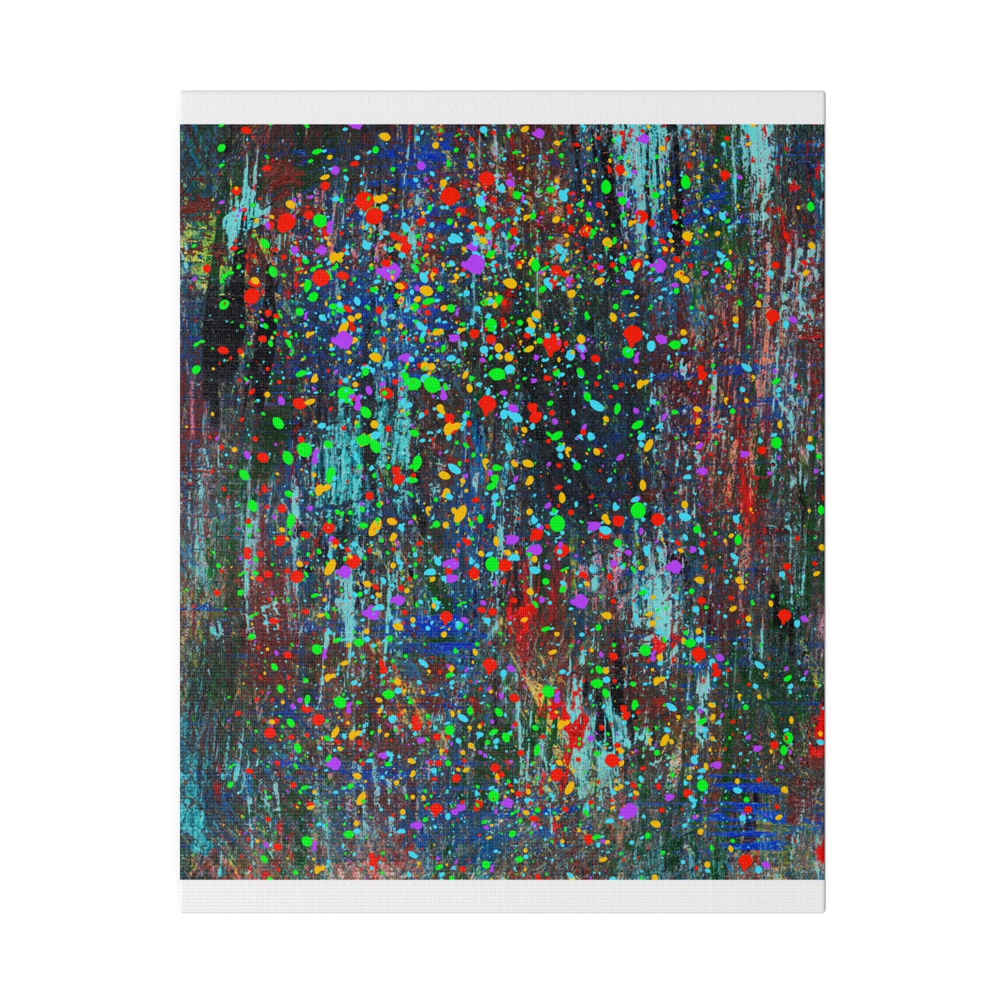 Color drip explosion art canvas print with vibrant multicolor splatters on dark textured background