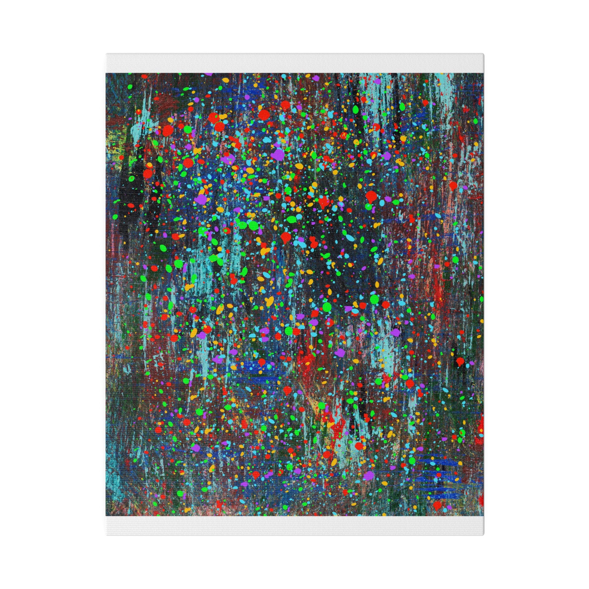 Color drip explosion art canvas print with vibrant multicolor splatters on dark textured background
