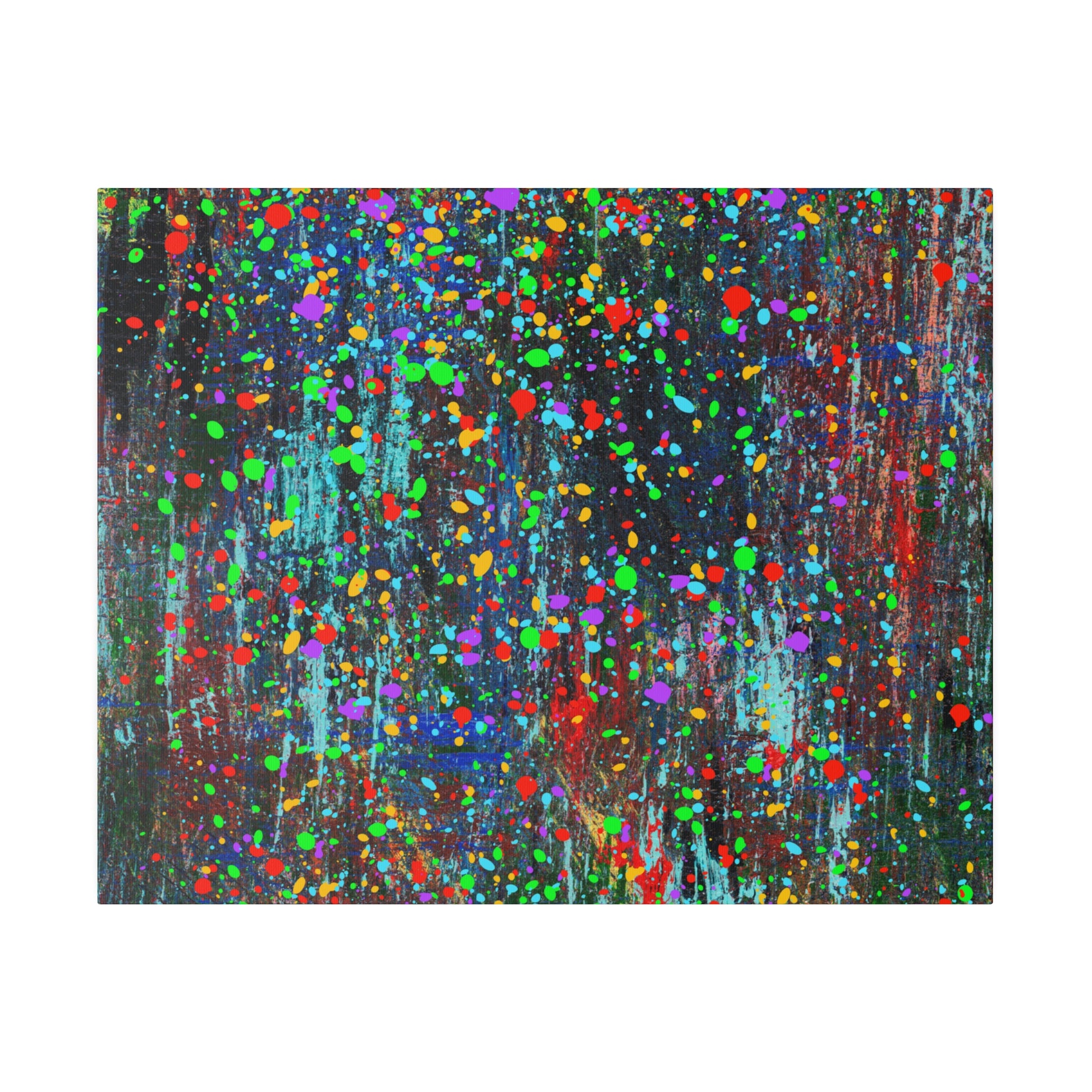 Color drip explosion art canvas print with vibrant multicolor paint splatters on dark background