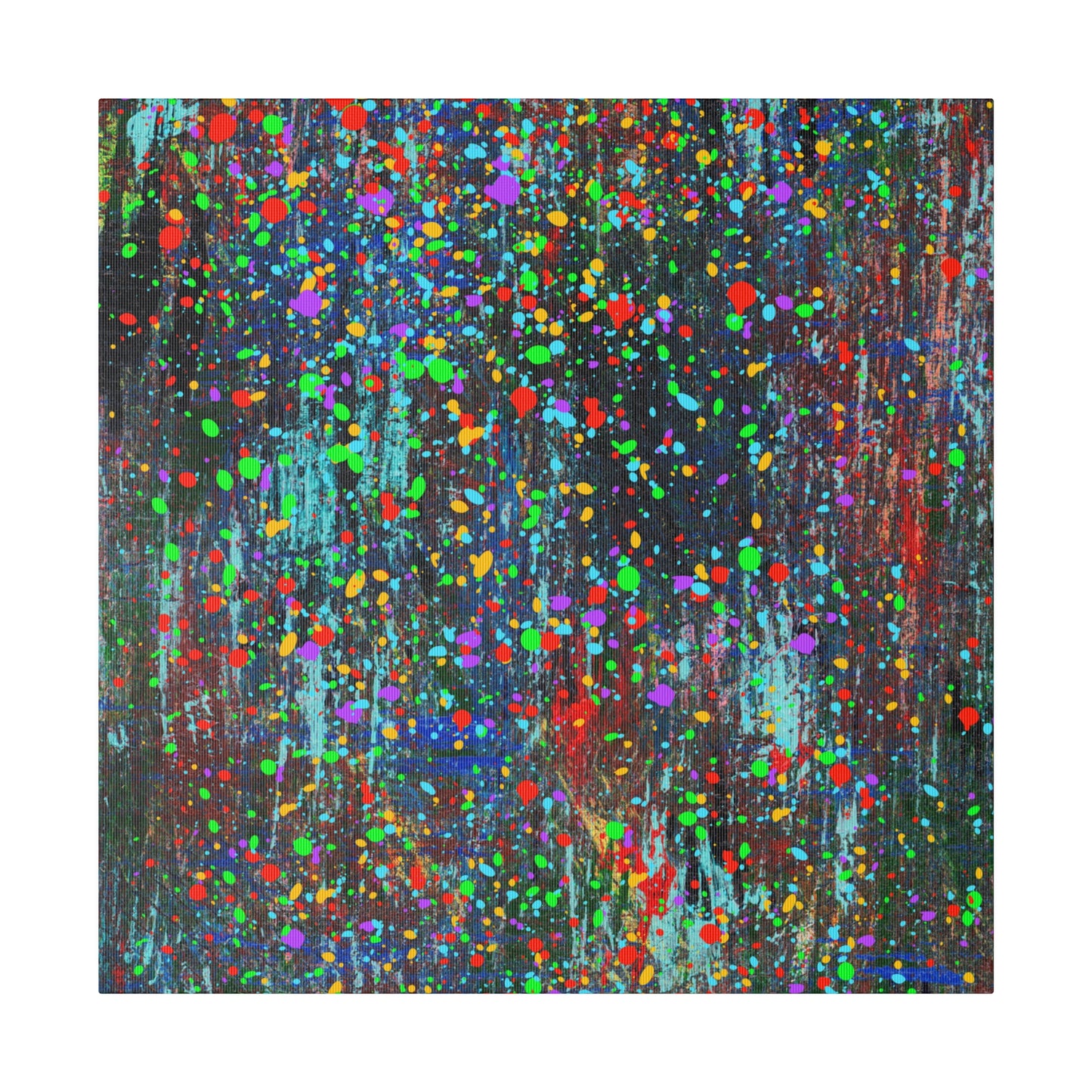 Color drip explosion art canvas print by Printify with vibrant multicolor paint splatters on dark background