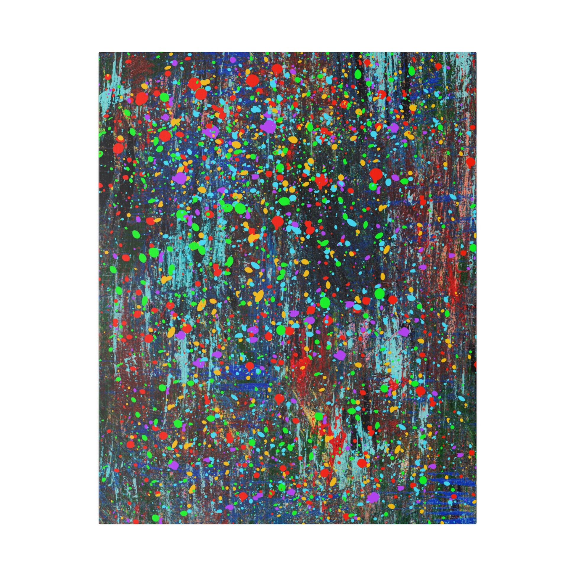 Printify color drip explosion art canvas print with vibrant multicolor splatters on a dark background