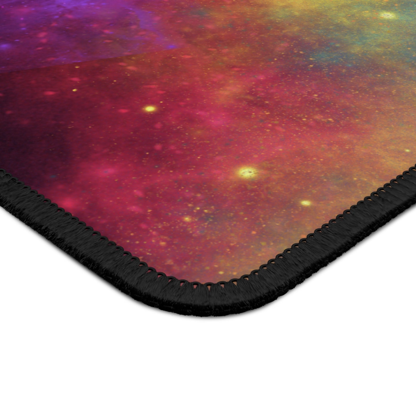 Colorful galaxy gaming mouse pad with vibrant cosmic design and stitched edges for durability