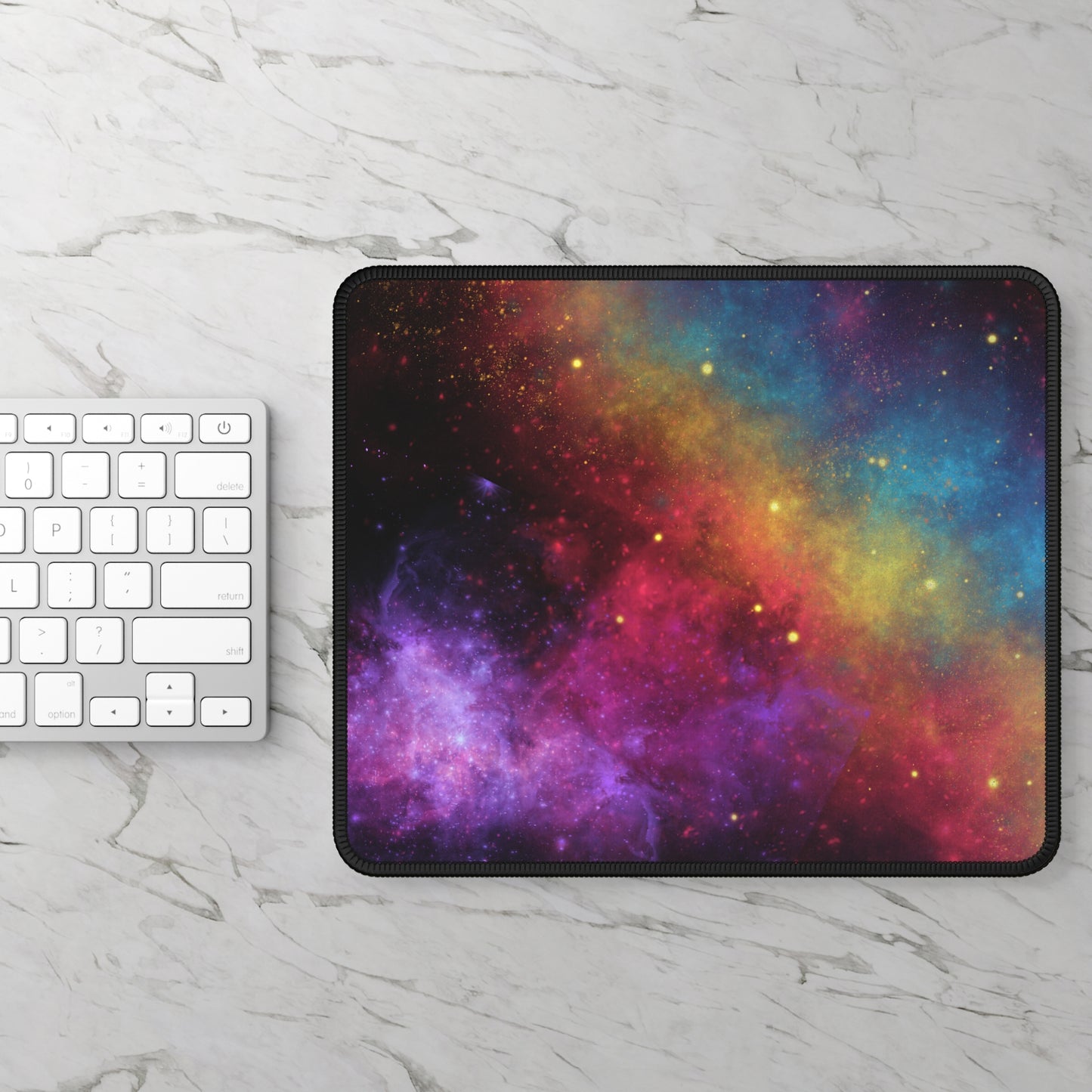 Colorful galaxy gaming mouse pad with vibrant cosmic design for enhanced gaming experience