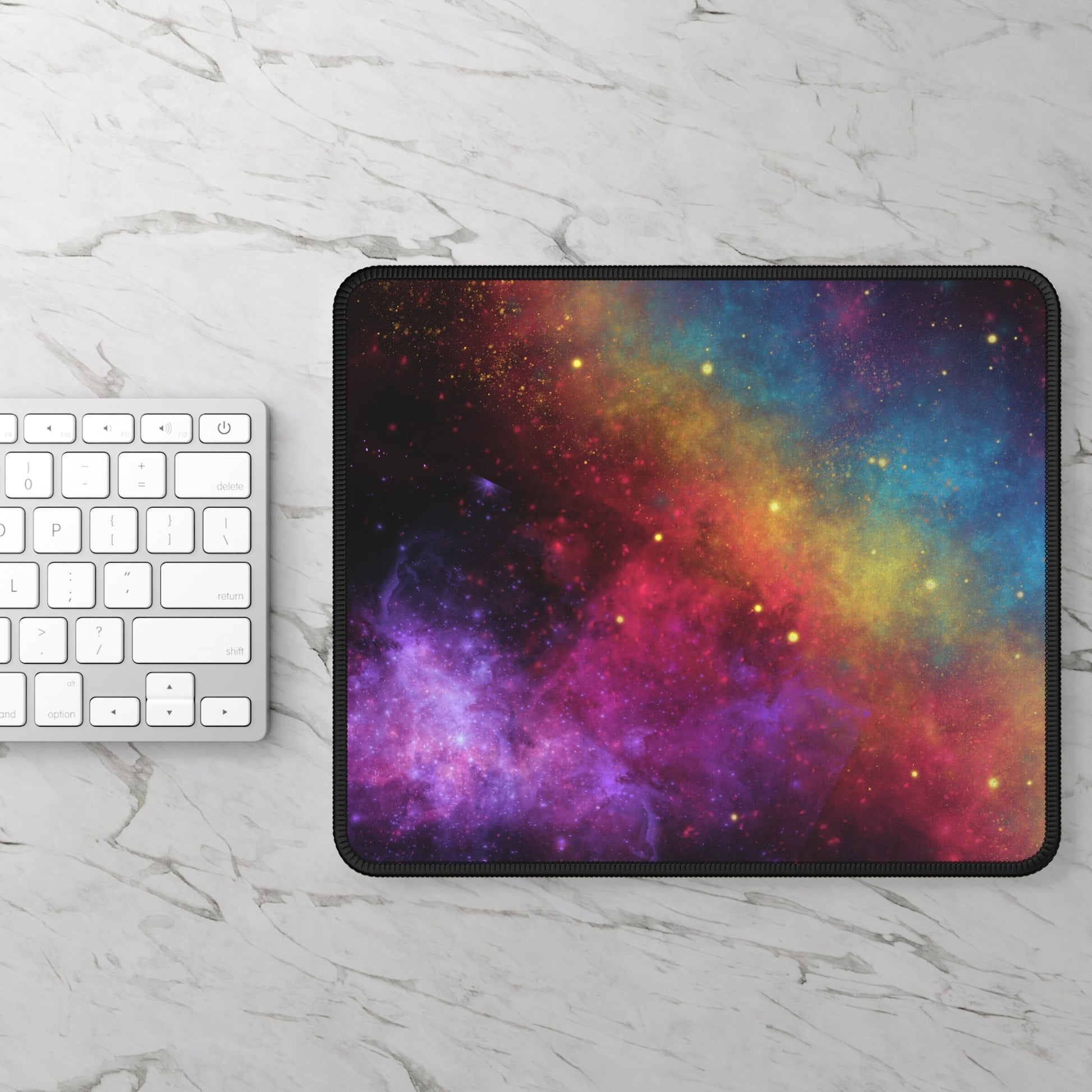Colorful galaxy gaming mouse pad with vibrant cosmic design for enhanced gaming experience