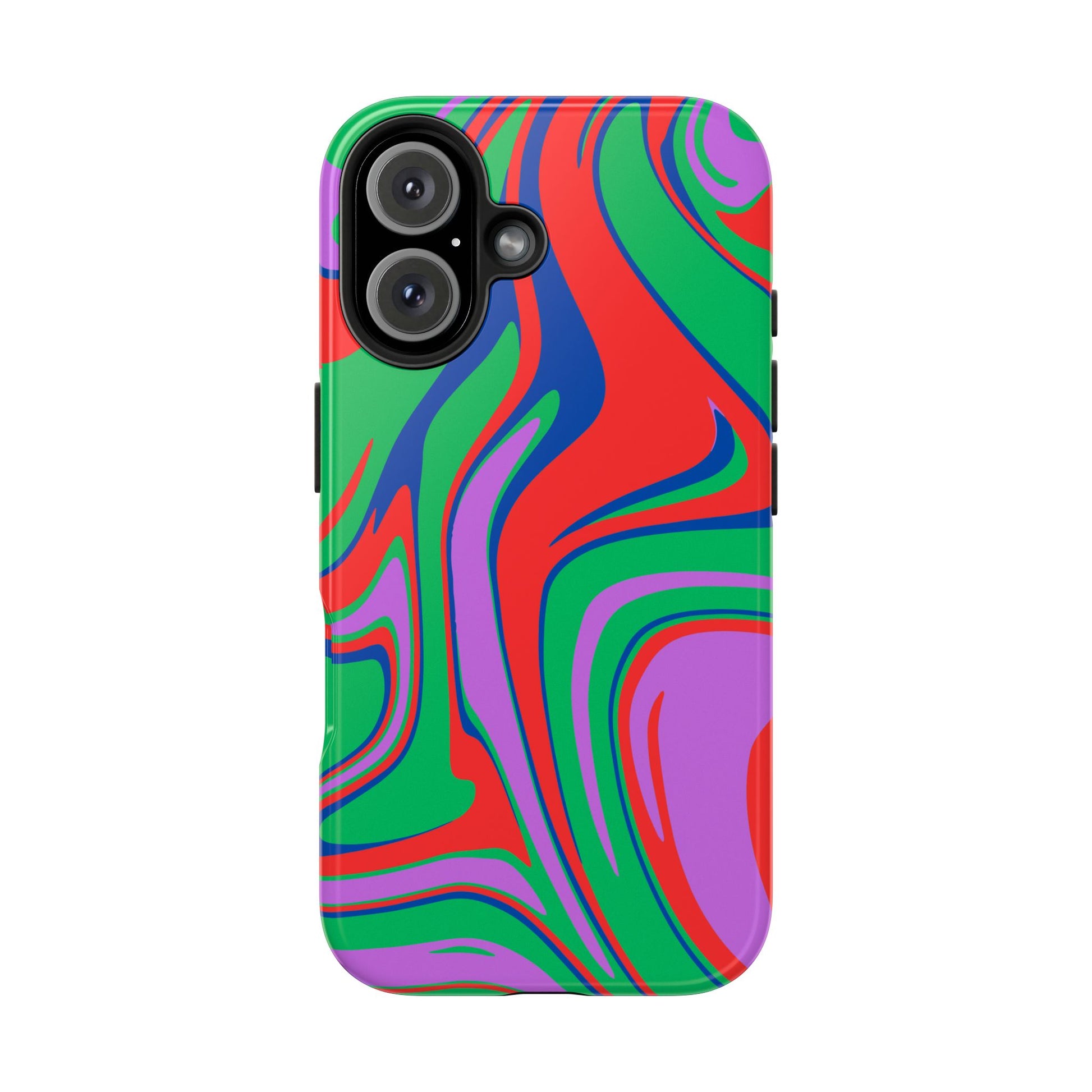 The Colorful Zebra Print Phone Case with Bold Design features impact-resistant protection and vibrant red, green, purple, and blue abstract swirls. Smooth wavy lines wrap the case, fitting iPhone or Samsung for standout style and full-back coverage.