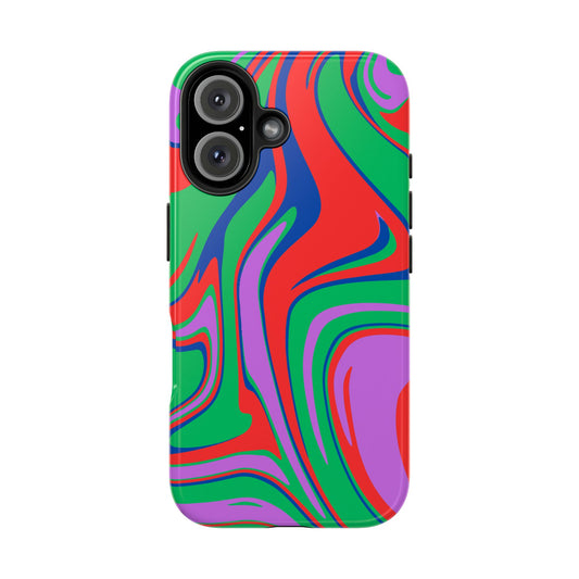 The Colorful Zebra Print Phone Case with Bold Design features impact-resistant protection and vibrant red, green, purple, and blue abstract swirls. Smooth wavy lines wrap the case, fitting iPhone or Samsung for standout style and full-back coverage.