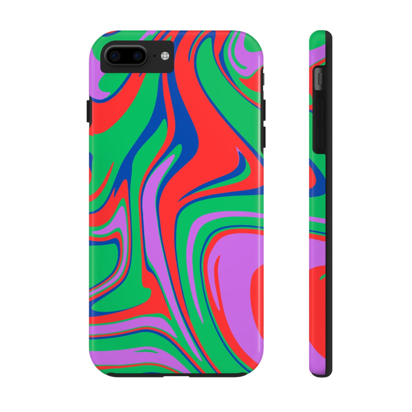The Colorful Zebra Print Phone Case with Bold Design features vibrant red, green, purple, and blue abstract swirls in a tough, protective case. Shown from back and side, this eye-catching accessory fits iPhone and Samsung models.