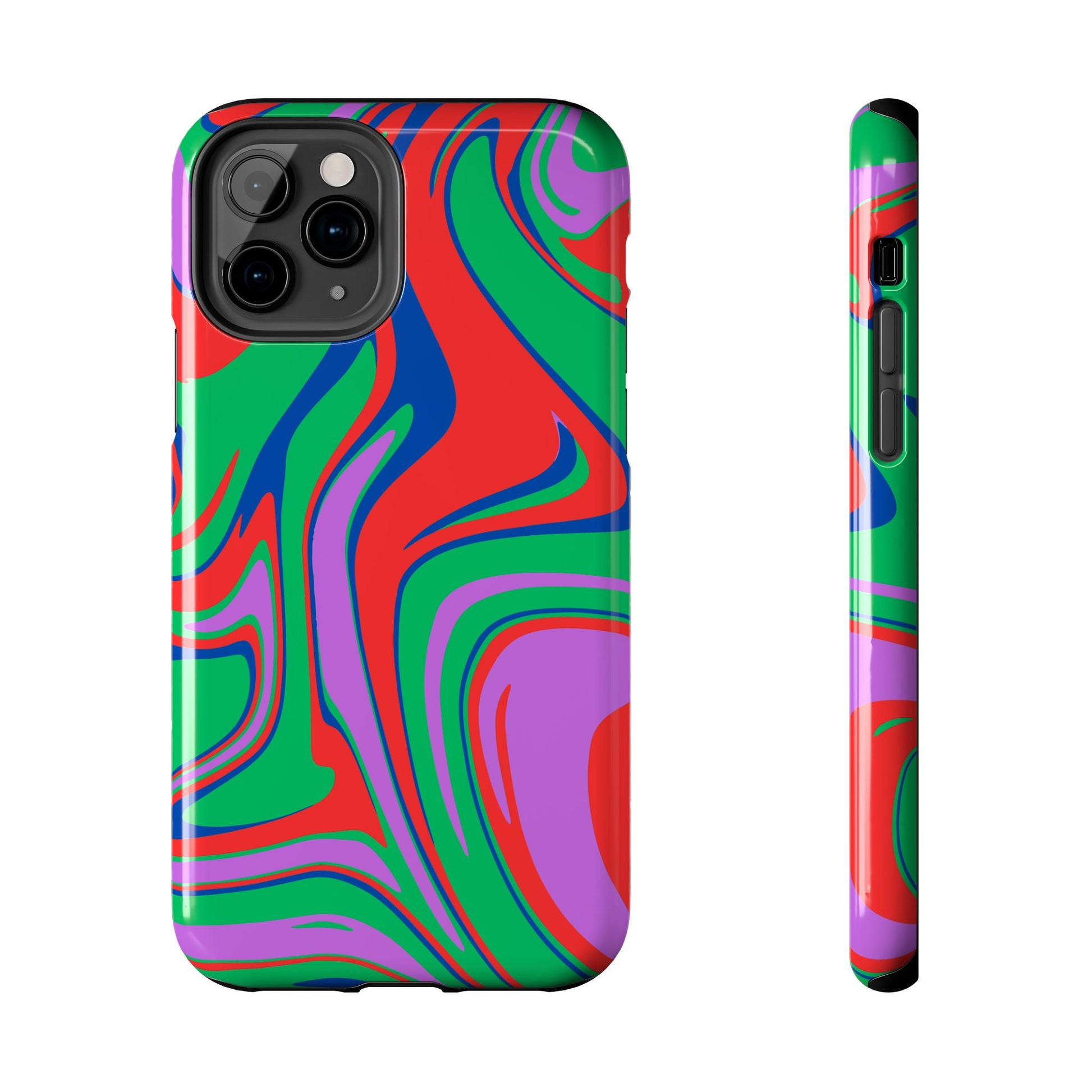 The Colorful Zebra Print Phone Case with Bold Design offers impact-resistant protection for iPhone and Samsung, showcasing a vibrant, wavy pattern in red, green, purple, and blue with durable coverage on the back and sides.