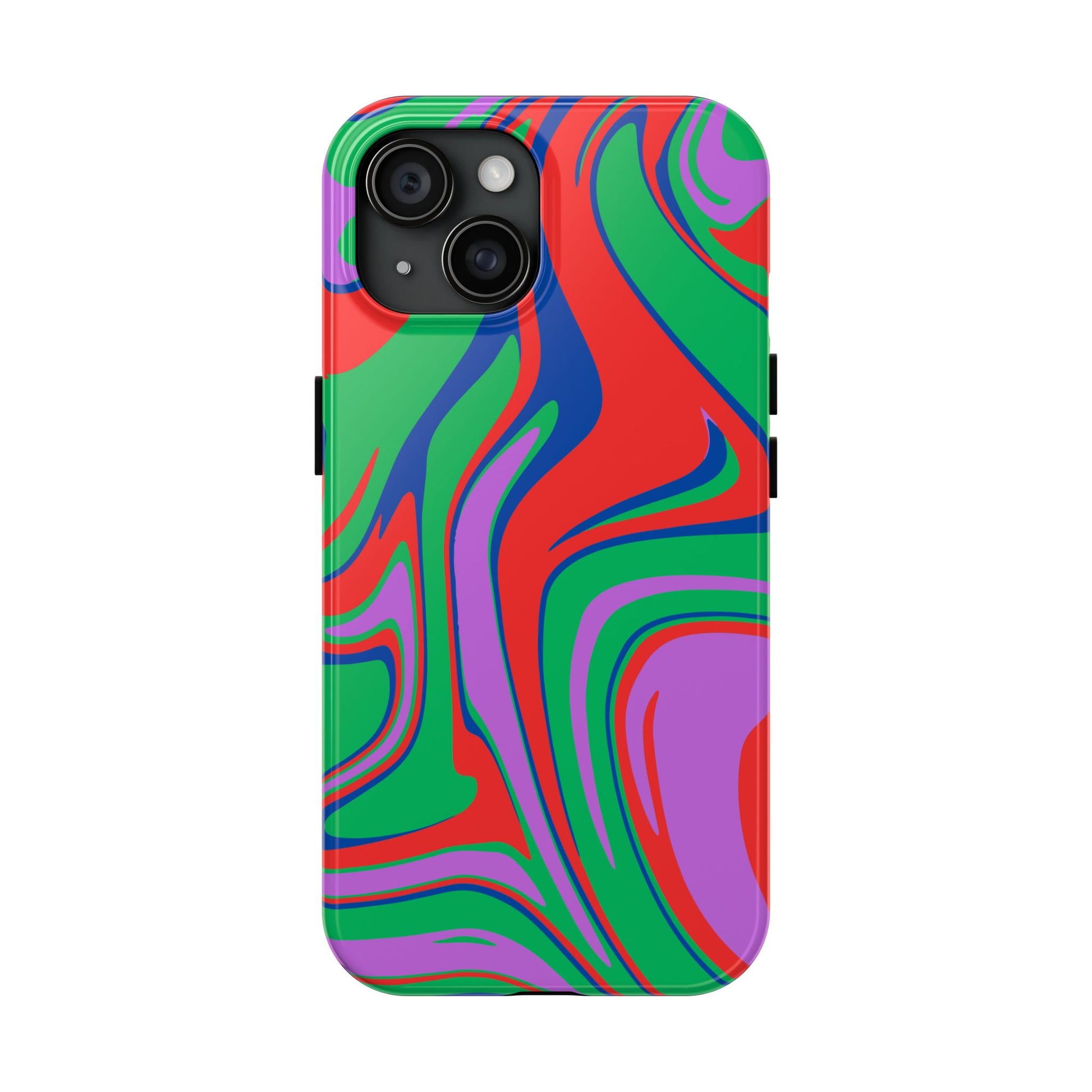 The Colorful Zebra Print Phone Case with Bold Design features a vibrant, swirling abstract pattern in red, green, purple, and blue, covering the entire back for a tough, impact-resistant fit for iPhone and Samsung models.