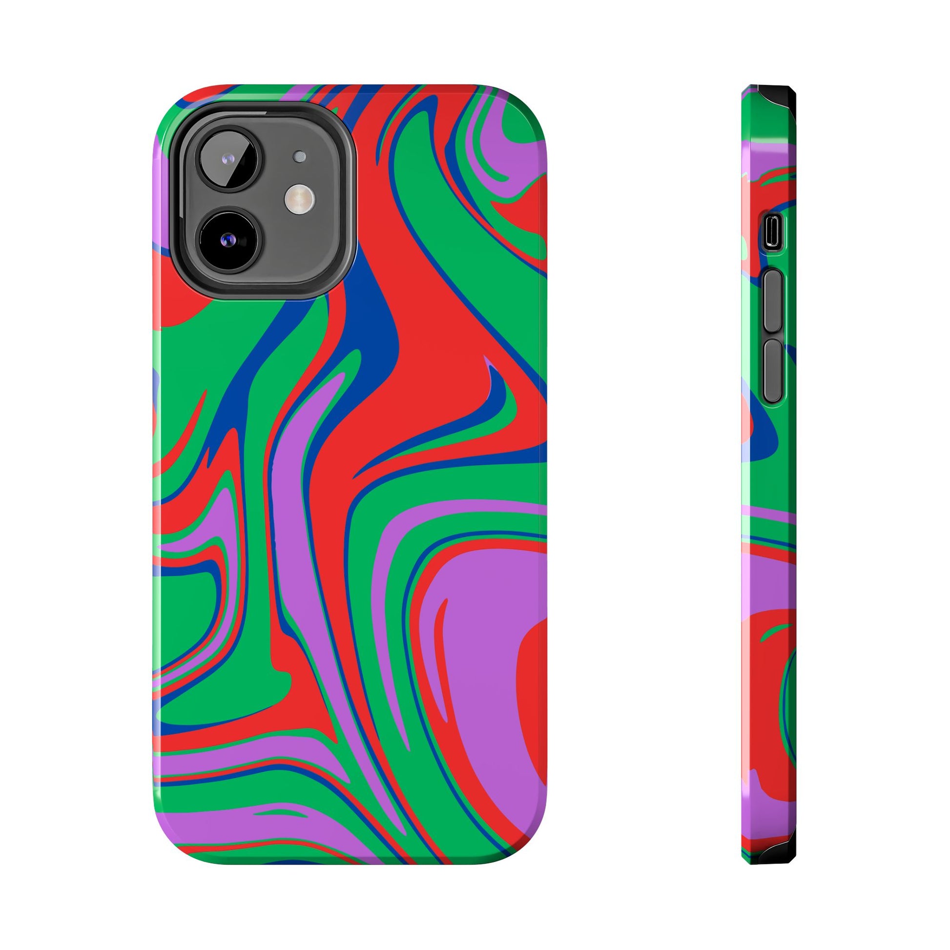 The Colorful Zebra Print Phone Case with Bold Design features vibrant red, green, purple, and blue abstract swirls in a psychedelic pattern. Shown from back and side angles, it's perfect for both iPhone and Samsung users seeking standout style.
