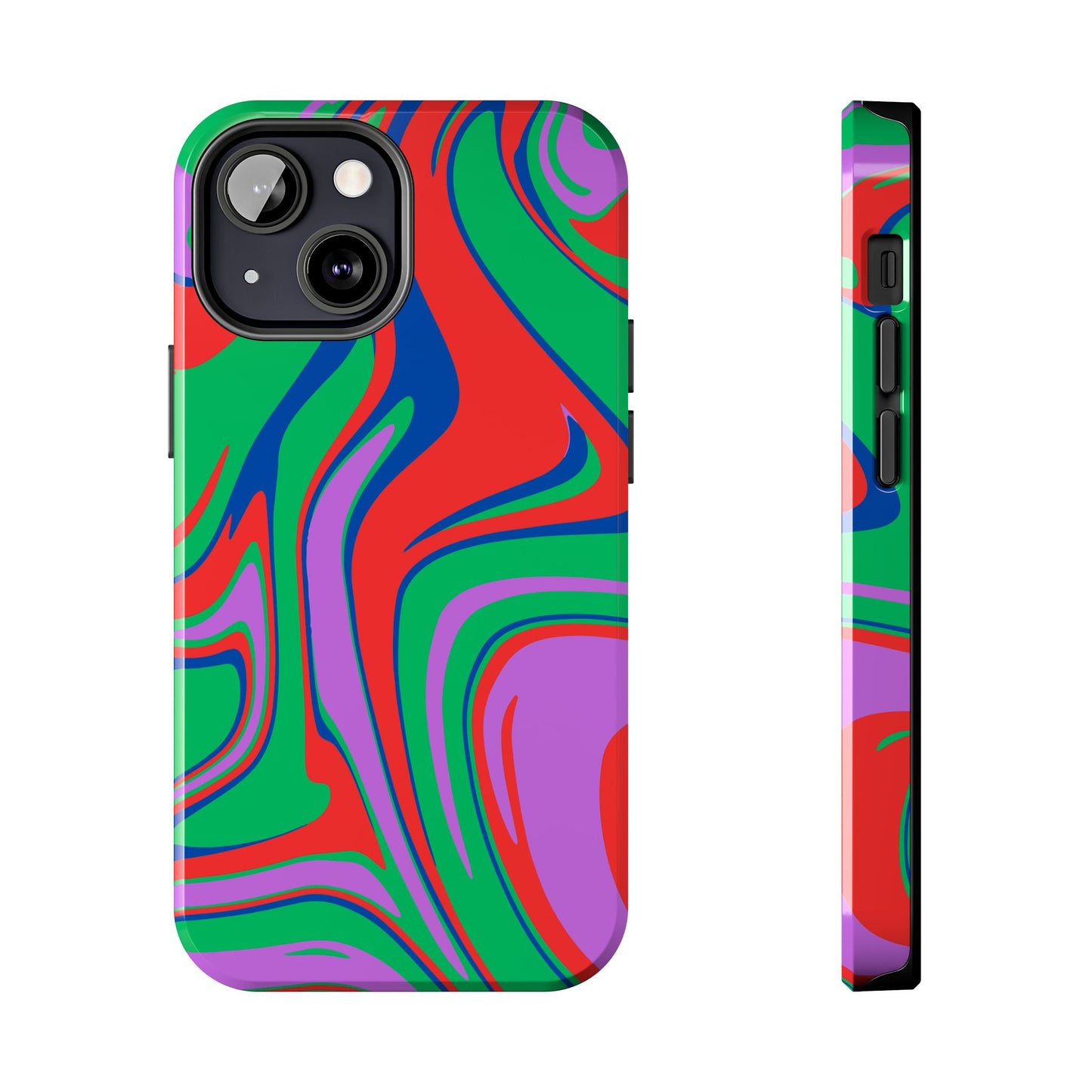 A tough, impact-resistant Colorful Zebra Print Phone Case for iPhone and Samsung, featuring a bold red, green, blue, and purple abstract swirl pattern, shown from back and side angles on a white background.