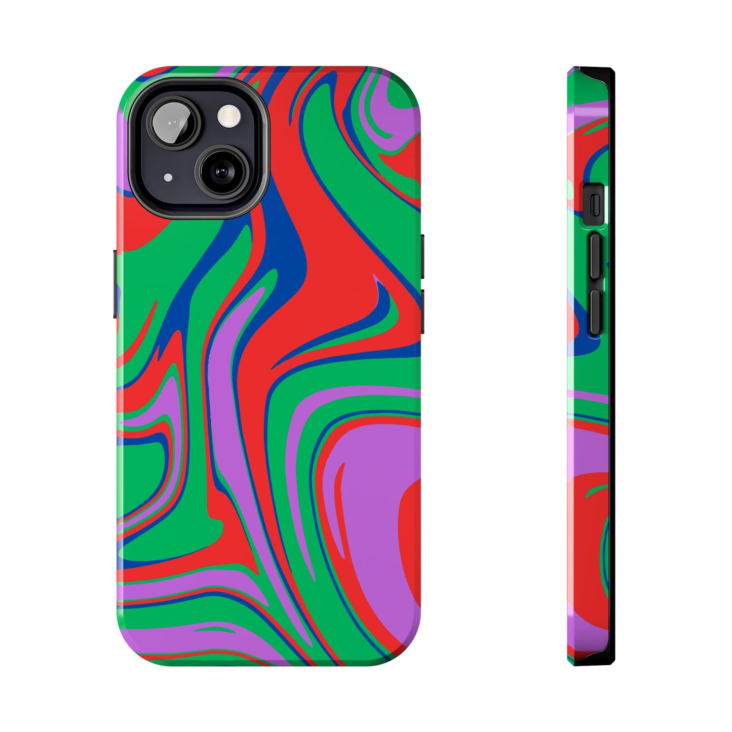 The Colorful Zebra Print Phone Case with Bold Design features a tough, impact-resistant build and vibrant red, green, purple, and blue abstract swirls. Shown from back and side angles, bold wavy lines cover the entire case for full protection.