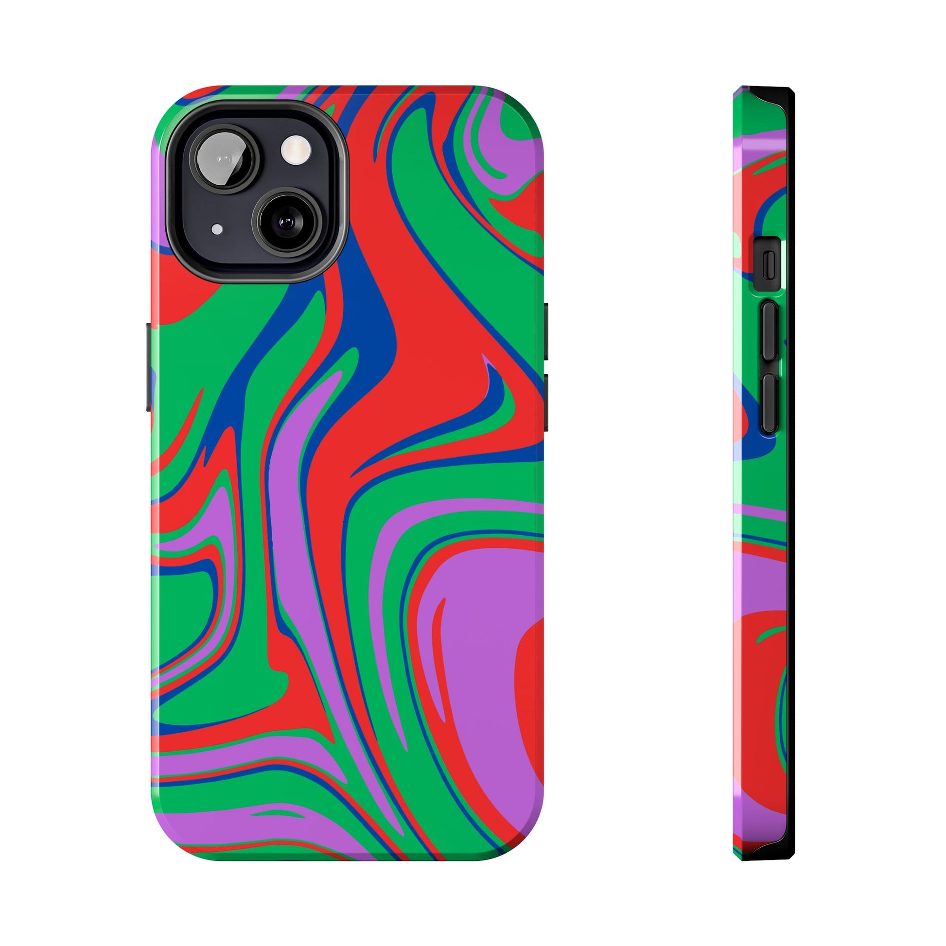 The Colorful Zebra Print Phone Case with Bold Design features a tough, impact-resistant build and vibrant red, green, purple, and blue abstract swirls. Shown from back and side angles, bold wavy lines cover the entire case for full protection.