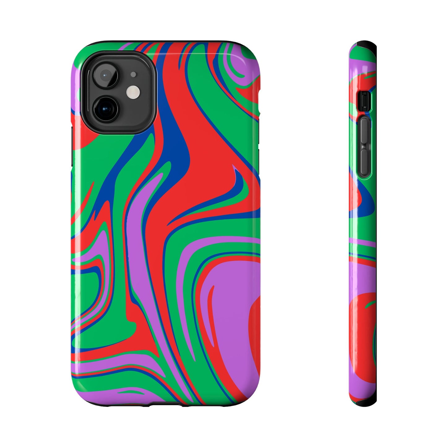 The Colorful Zebra Print Phone Case with Bold Design features a tough build and vibrant red, green, blue, and purple swirls. Shown from back and side views on white. Compatible with iPhone and Samsung models.