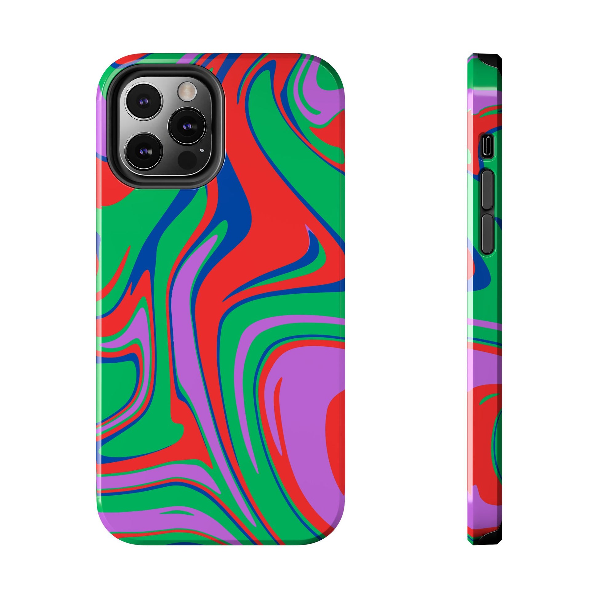 The Colorful Zebra Print Phone Case with Bold Design features a vibrant abstract swirl in red, green, purple, and blue. Shown from the back and side on white, it's stylish, impact-resistant, and fits both iPhone and Samsung models.