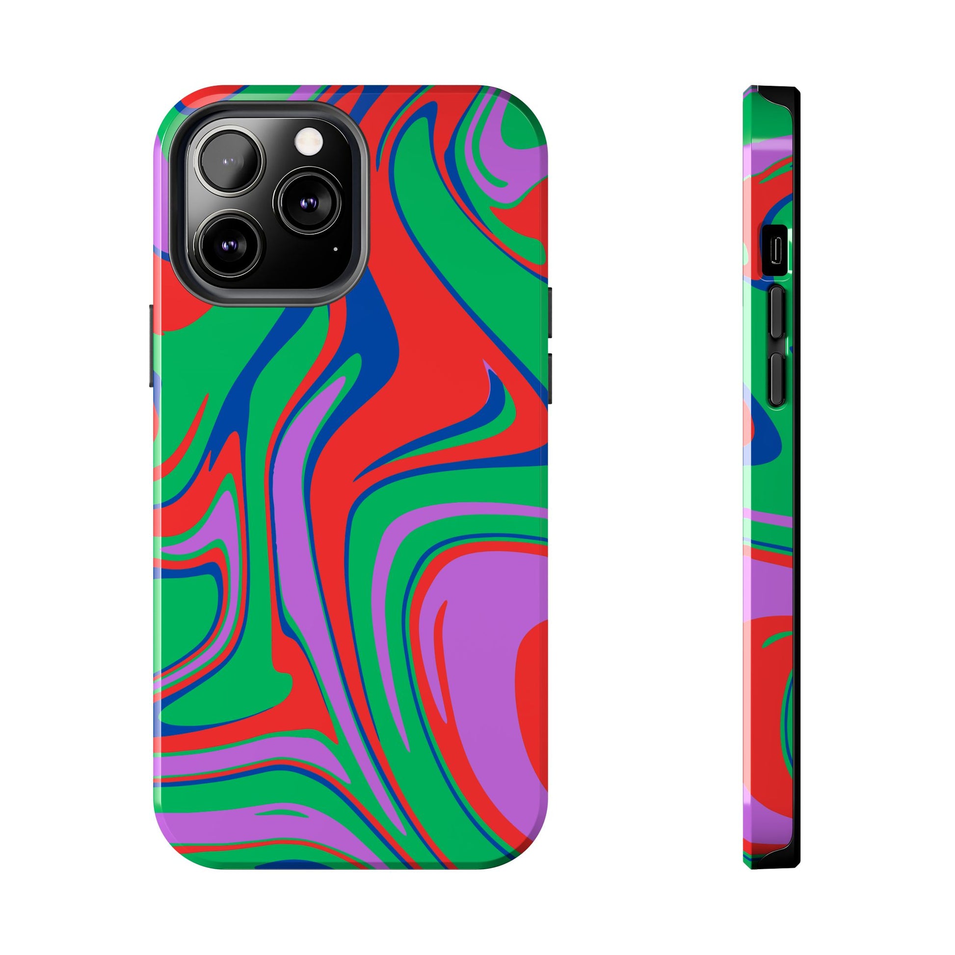 The Colorful Zebra Print Phone Case with Bold Design features a vibrant abstract swirl in red, green, purple, and blue. Shown from back and side on a white background. Compatible with iPhone and Samsung models.