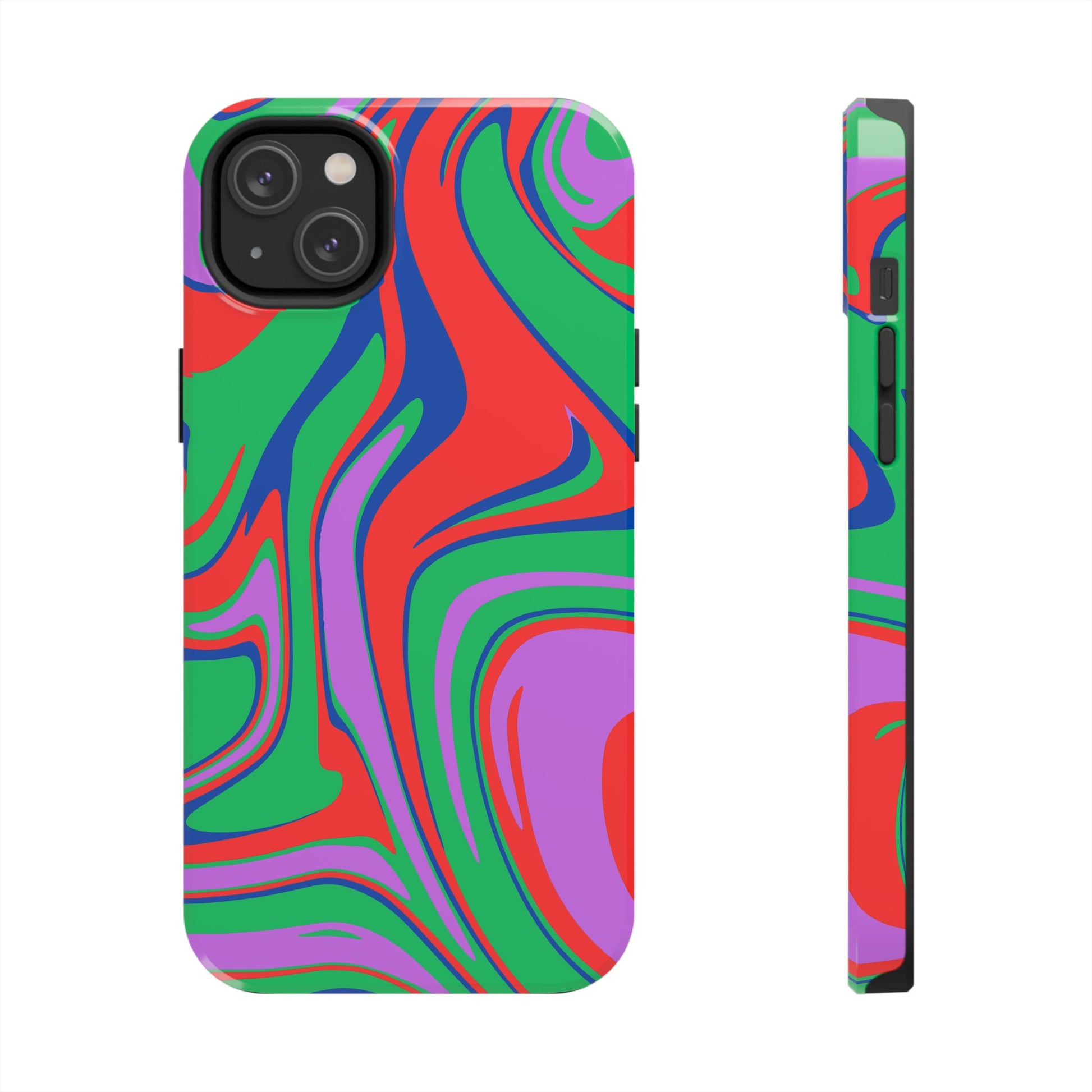 Protect your iPhone or Samsung with the Colorful Zebra Print Phone Case featuring a bold, psychedelic swirl of red, green, purple, and blue. This impact-resistant case covers the back and sides for a vibrant, standout look.