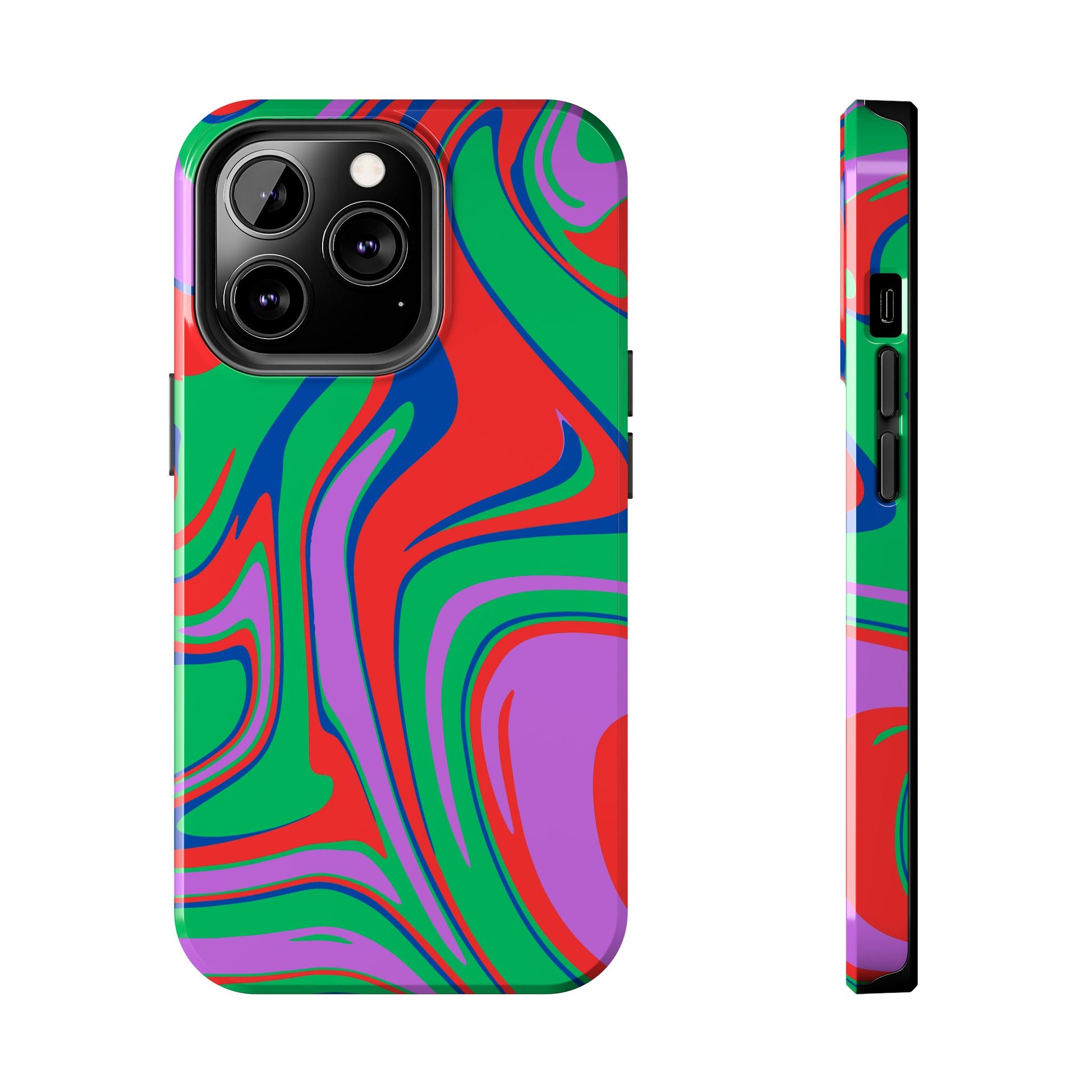 The Colorful Zebra Print Phone Case with Bold Design features a tough build and vibrant swirl pattern in red, green, purple, and blue. Shown from back and side on a white background. Compatible with iPhone and Samsung models.