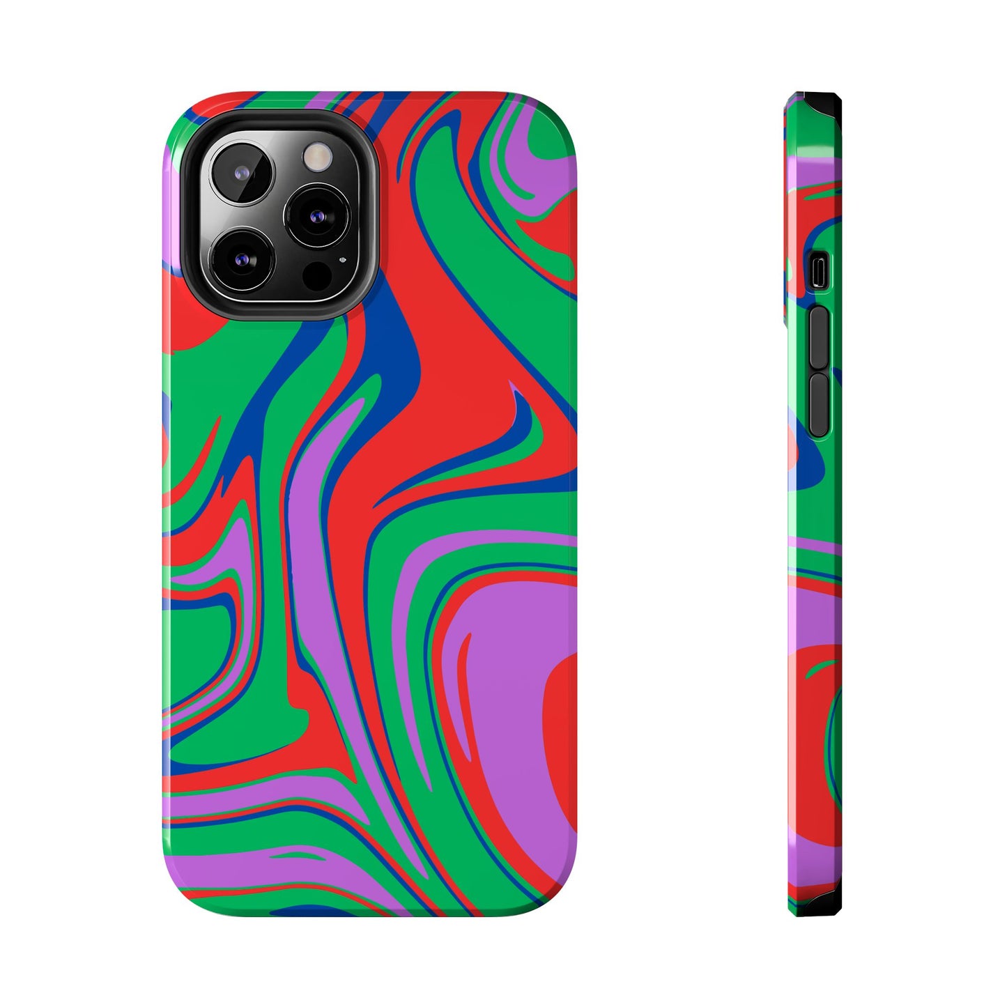 A durable Colorful Zebra Print Phone Case with a bold, vibrant abstract pattern in red, green, blue, and purple is shown from the back and side against a white background—compatible with iPhone and Samsung models.