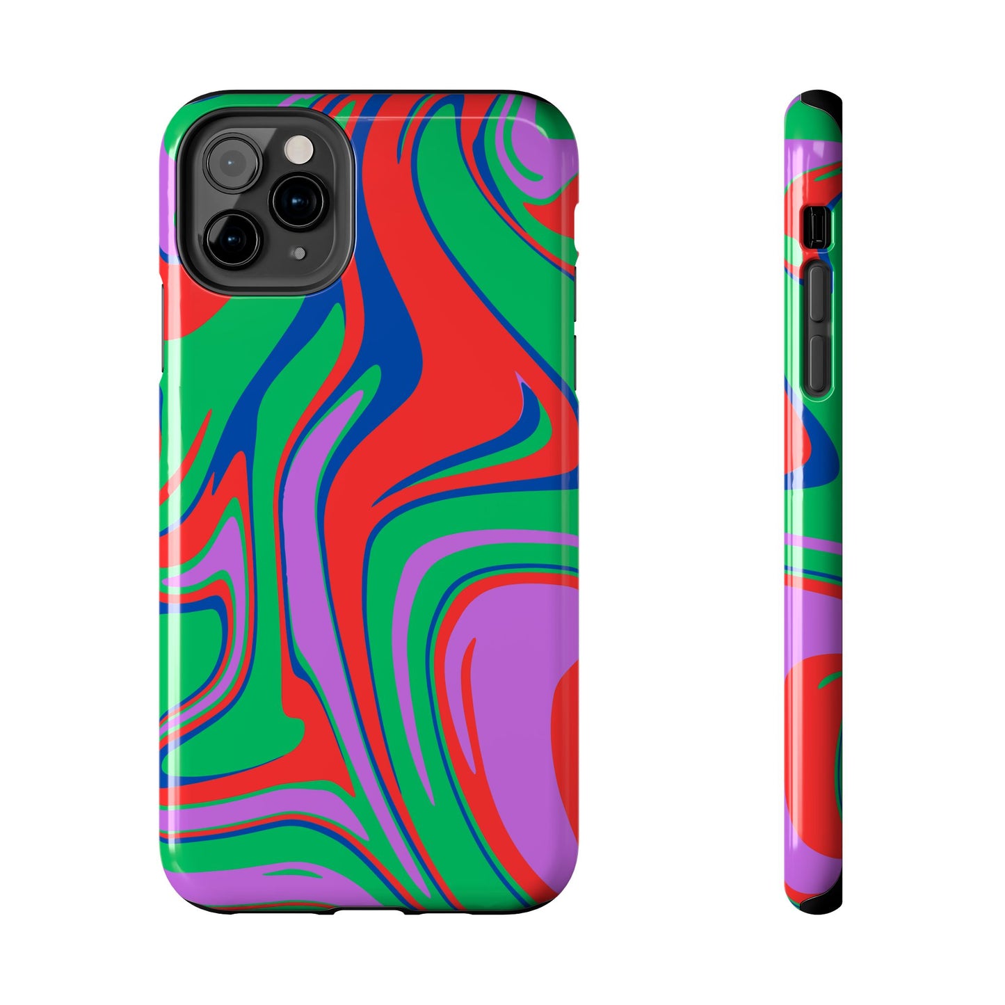 The Colorful Zebra Print Phone Case with Bold Design features a vibrant abstract swirl in red, green, purple, and blue, shown from back and side views. Ideal for those wanting both standout style and strong protection.