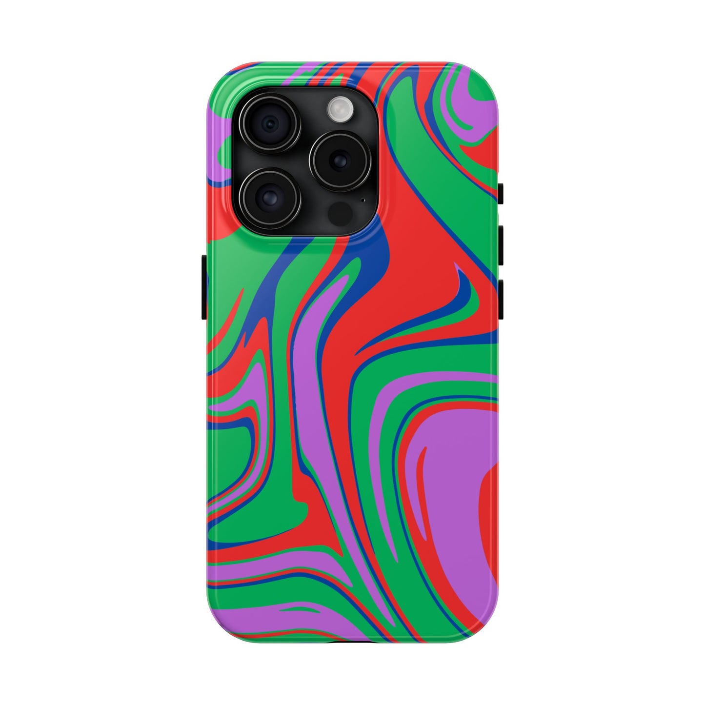 The Colorful Zebra Print Phone Case with Bold Design is a tough, impact-resistant cover featuring a vibrant, abstract swirl in red, green, purple, and blue—perfect protection for both iPhone and Samsung models.
