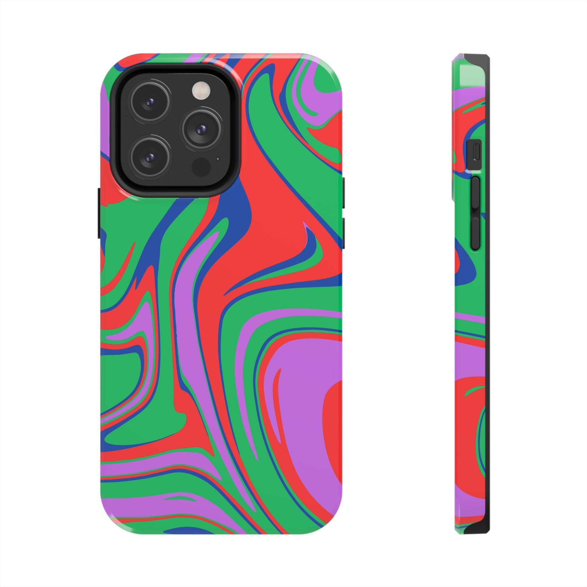 The Colorful Zebra Print Phone Case with Bold Design features a vibrant, abstract swirl in red, green, purple, and blue, offering impact-resistant protection for iPhone and Samsung while adding color and style to your device.