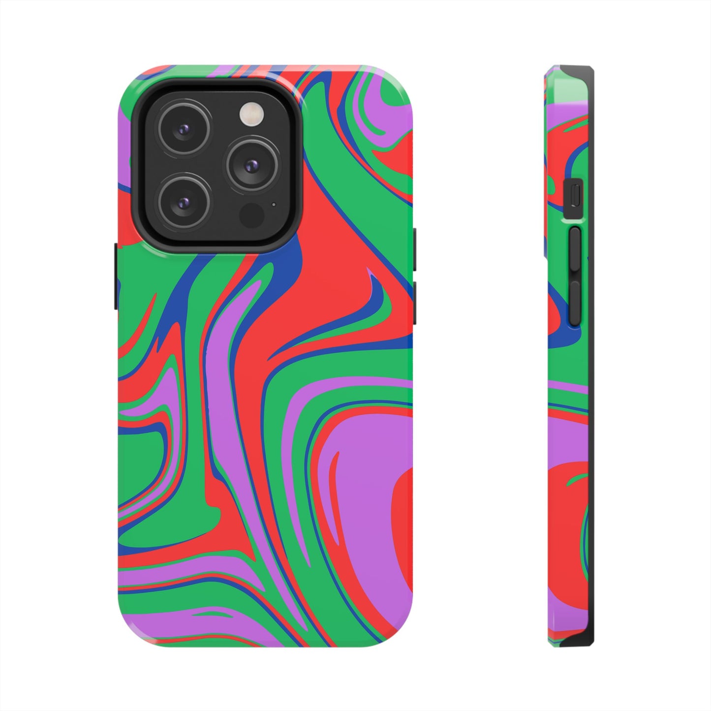 The Colorful Zebra Print Phone Case with Bold Design features an impact-resistant build and vibrant red, green, purple, and blue zebra stripes, shown from back and side angles with bold patterns covering the entire surface.