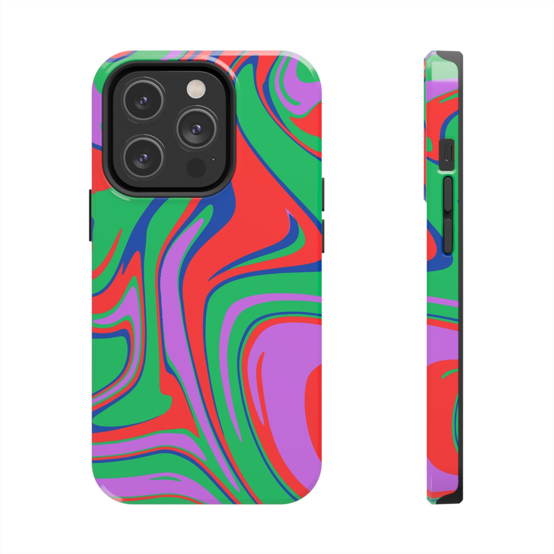 The Colorful Zebra Print Phone Case with Bold Design features an impact-resistant build and vibrant red, green, purple, and blue zebra stripes, shown from back and side angles with bold patterns covering the entire surface.