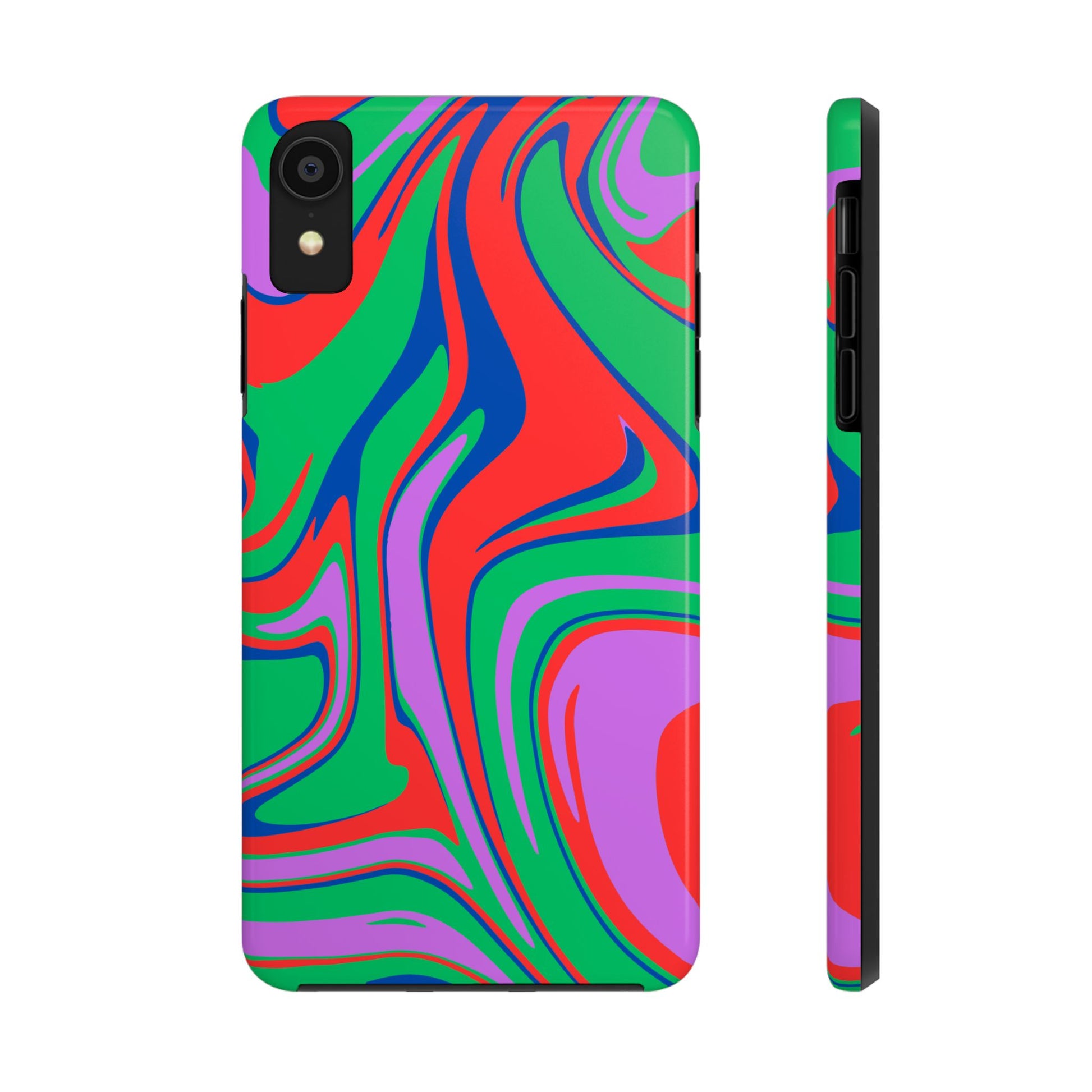 The Colorful Zebra Print Phone Case with Bold Design features vibrant red, green, purple, and blue swirls in an abstract zebra pattern. Impact-resistant and stylish, it’s shown from back and side views—perfect for iPhone and Samsung users.