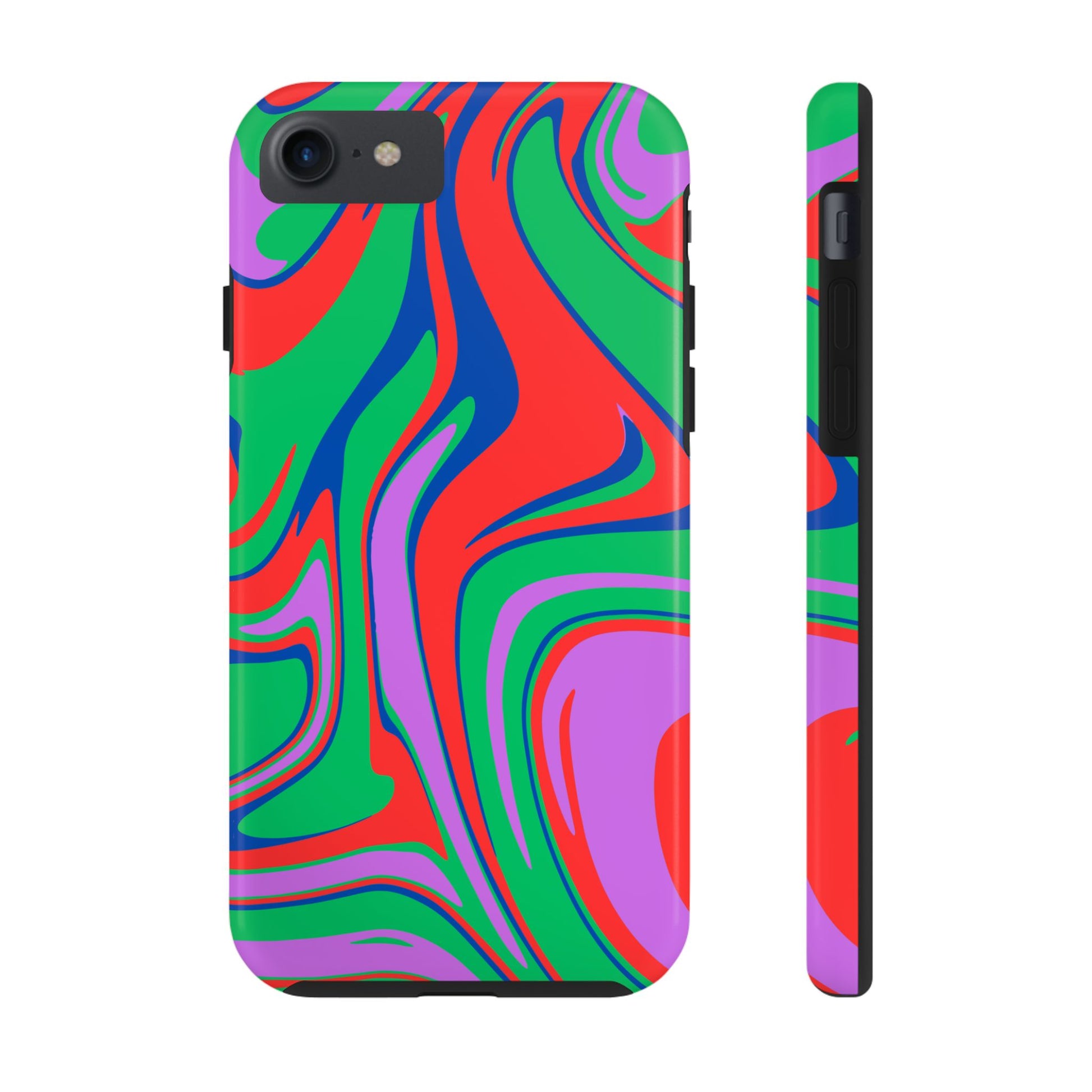 The Colorful Zebra Print Phone Case with Bold Design features a vibrant abstract swirl in red, green, purple, and blue. Shown from back and side views, it fits iPhone and Samsung models for stylish, reliable protection.