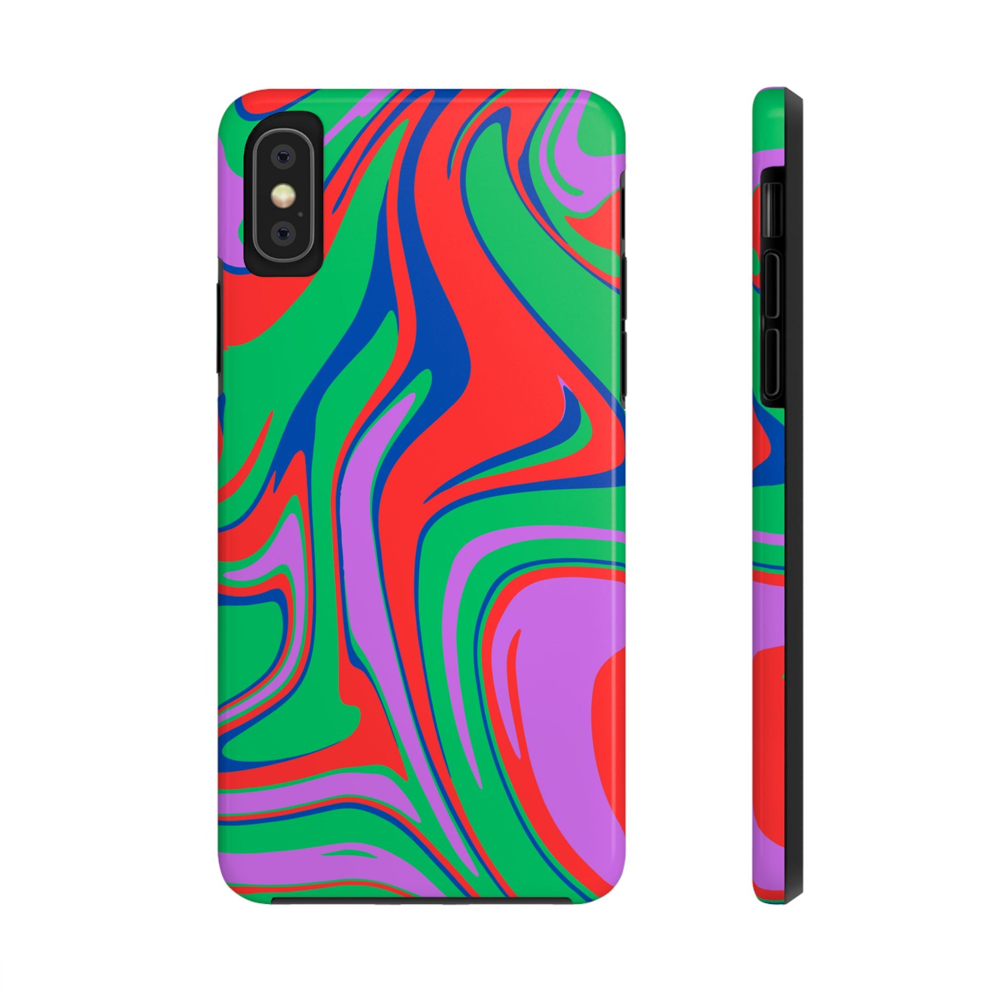 The Colorful Zebra Print Phone Case with Bold Design features a vibrant abstract swirl in red, green, purple, and blue on an impact-resistant case for iPhone and Samsung, shown from back and side angles against a white background.