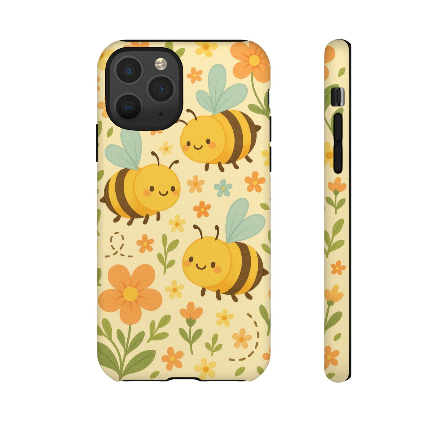 Cute cartoon floral bee tough phone case featuring cheerful bees and colorful flowers design