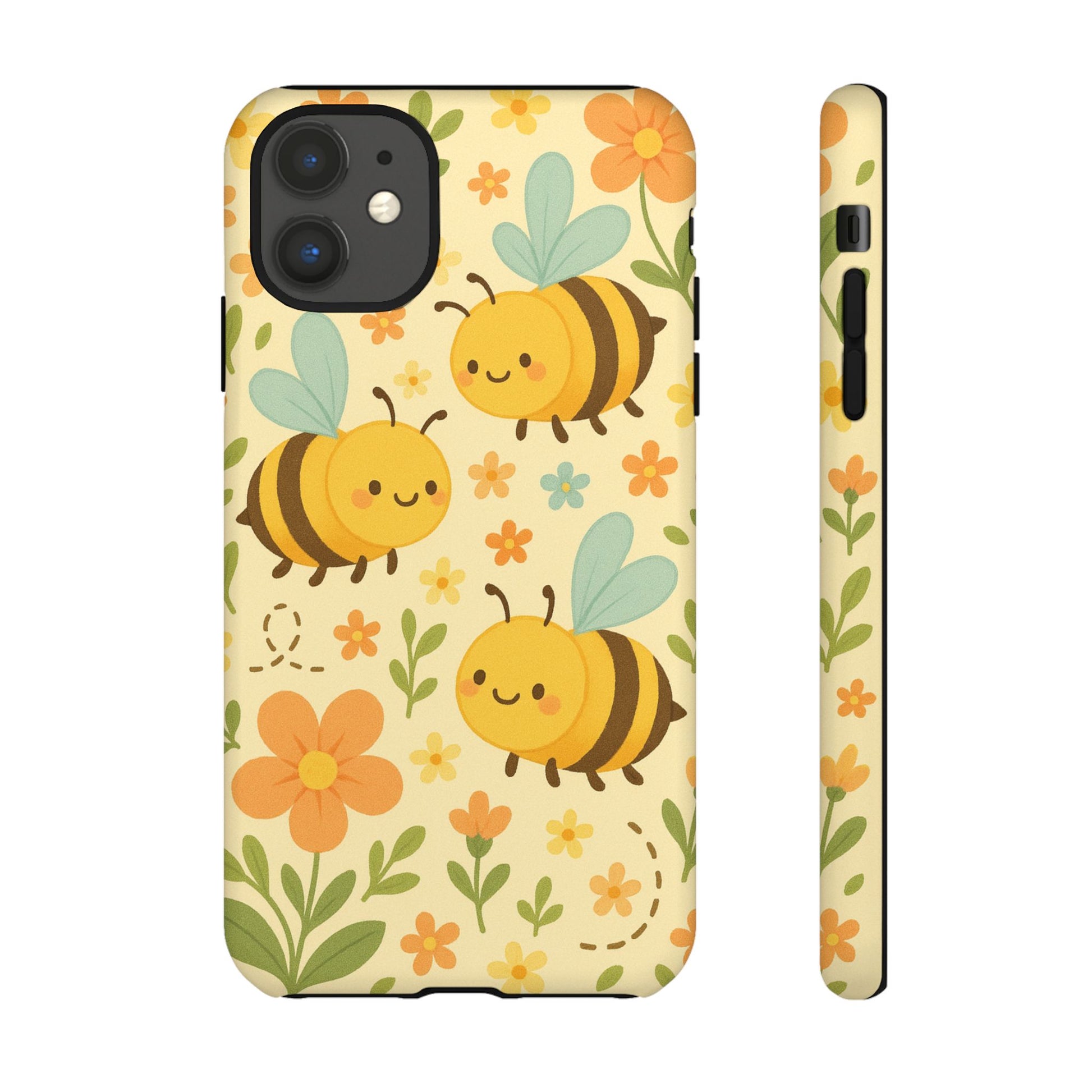 Cute cartoon floral bee tough phone case with vibrant colors and cheerful bee illustrations