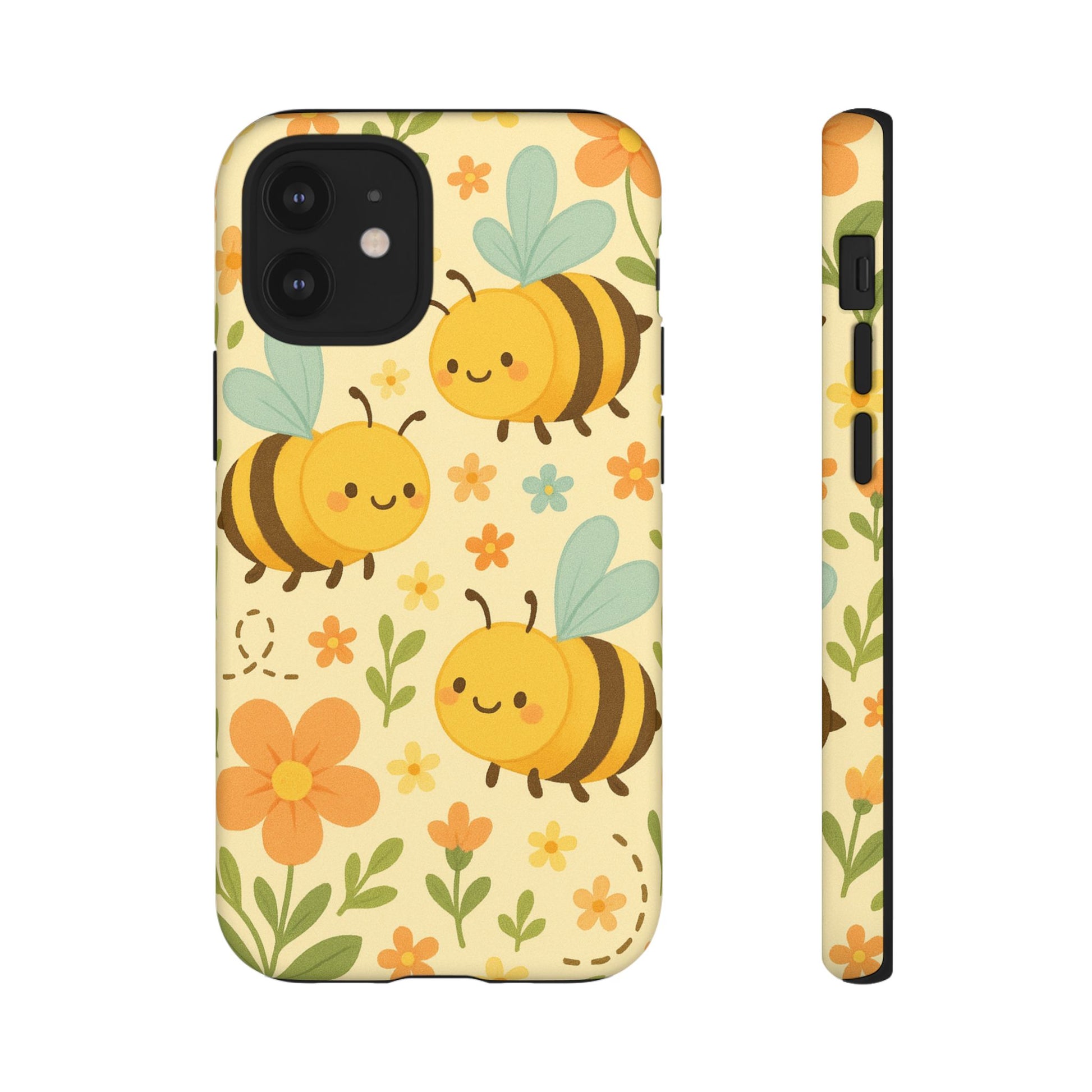 Cute cartoon floral bee tough phone case featuring cheerful bees and bright flowers on a light background