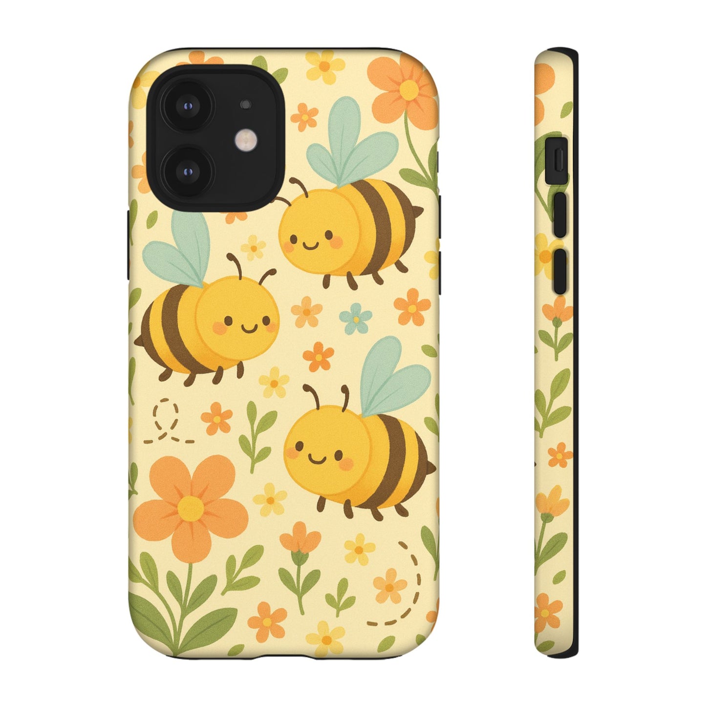 Cute cartoon floral bee tough phone case featuring cheerful bees and flowers in a colorful design