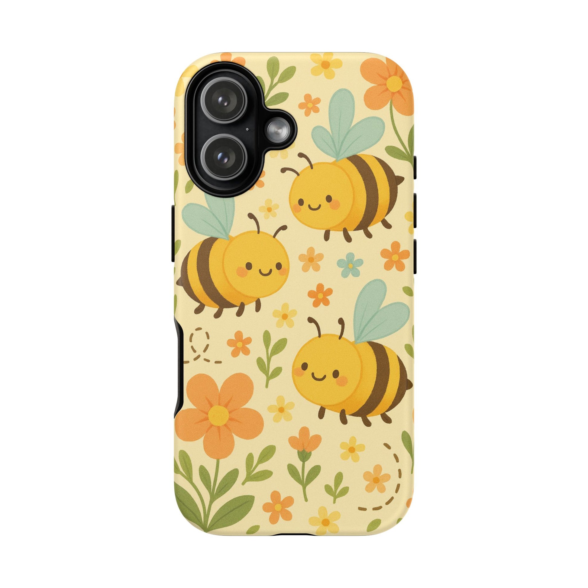 Cute cartoon floral bee tough phone case with colorful bees and flowers on a yellow background