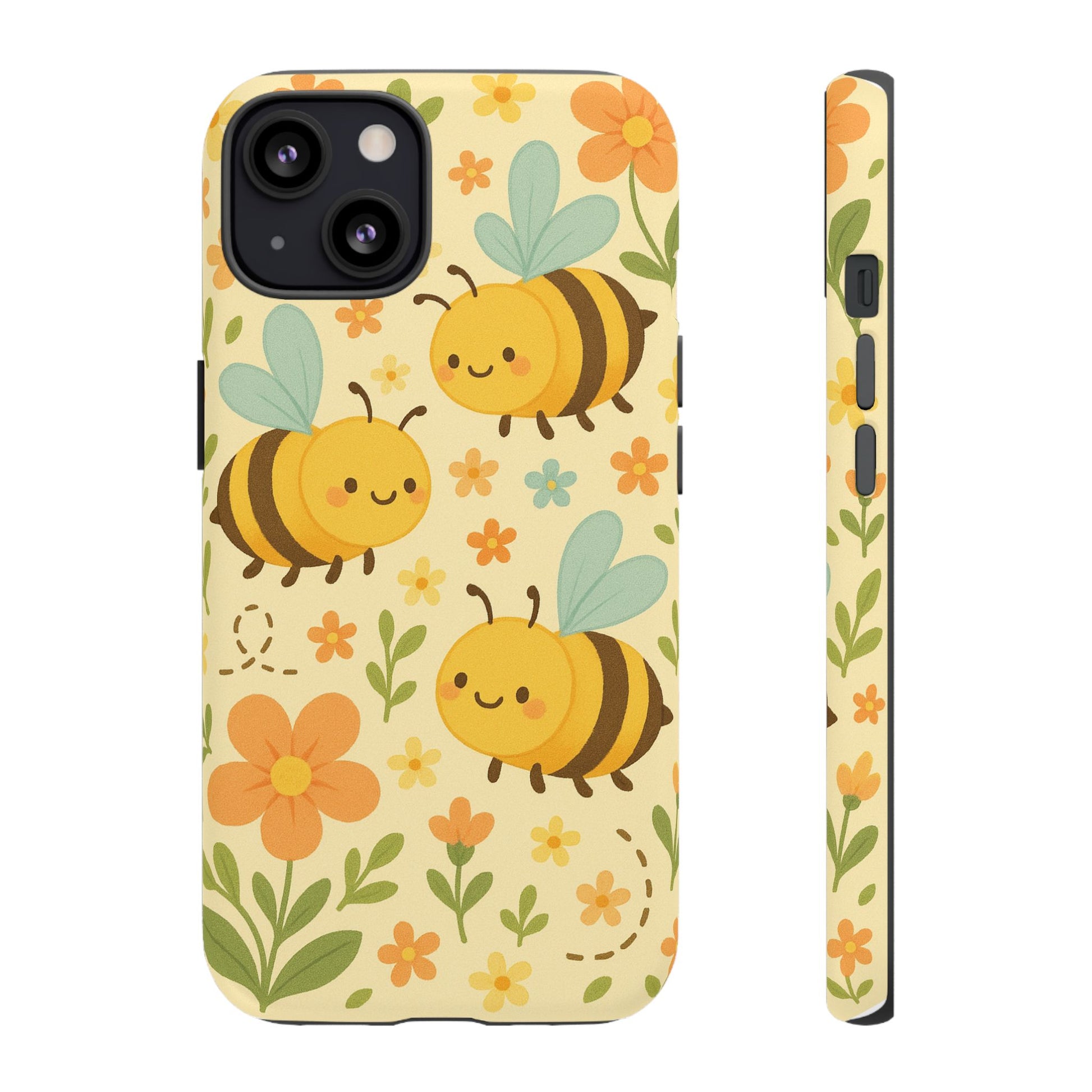 Cute cartoon floral bee tough phone case featuring cheerful bees and colorful flowers on a light background