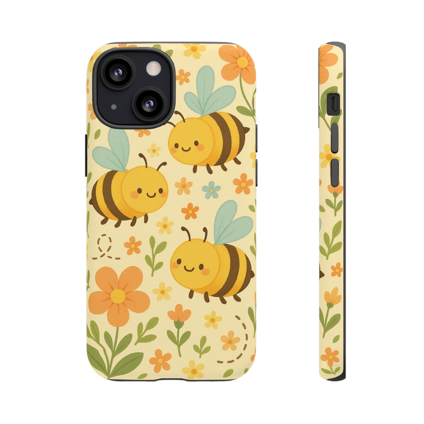 Cute cartoon floral bee tough phone case with vibrant bee and flower design for protection and style