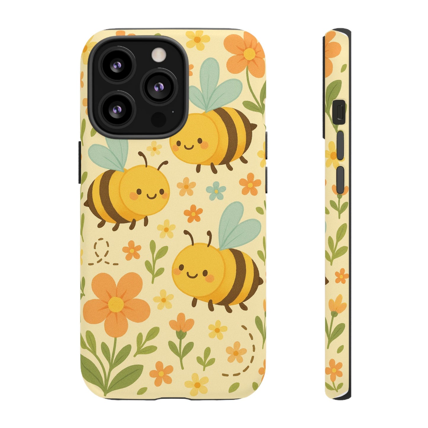 Cute cartoon floral bees tough phone case featuring cheerful bees and colorful flowers