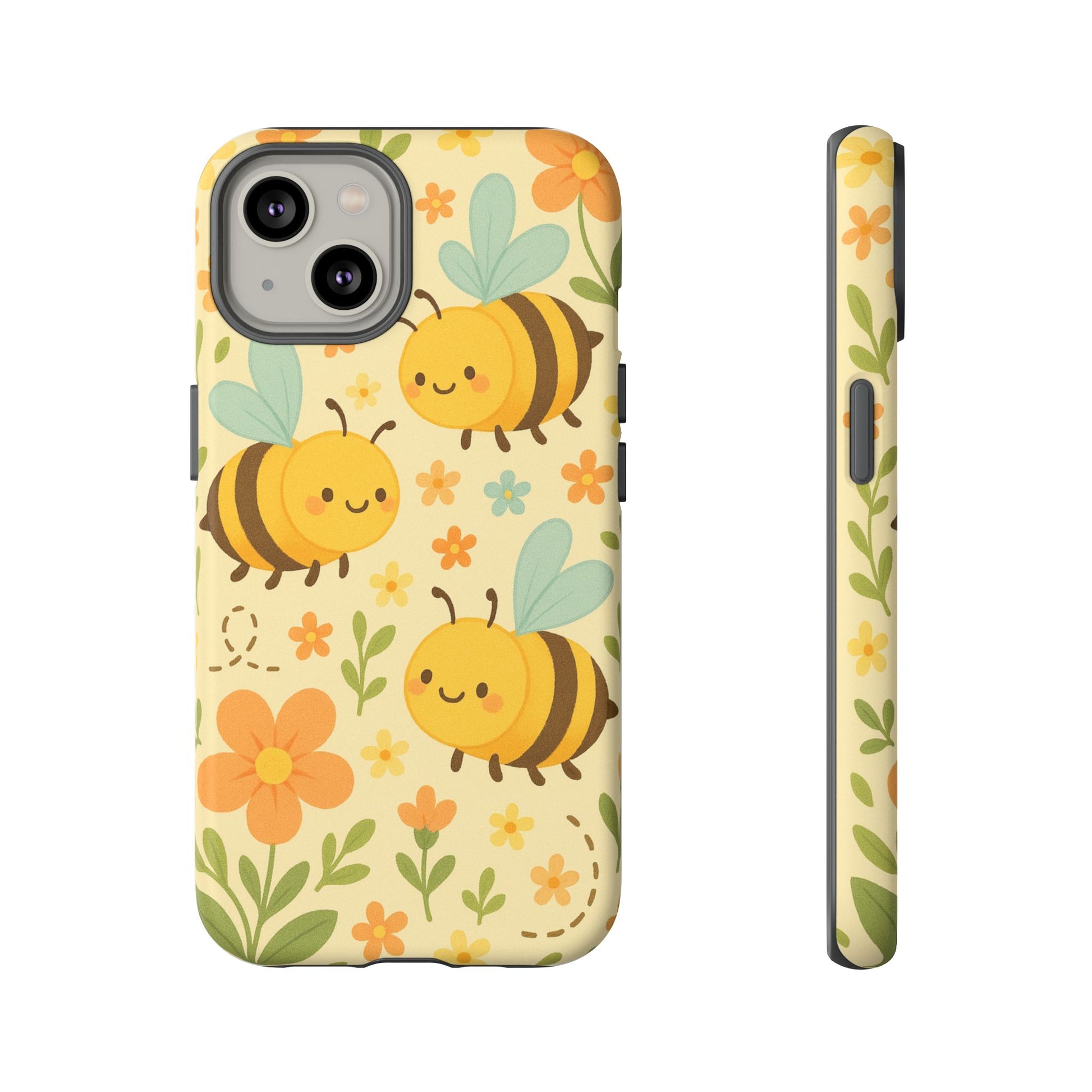 Cute cartoon floral bee tough phone case with cheerful bees and colorful flowers design