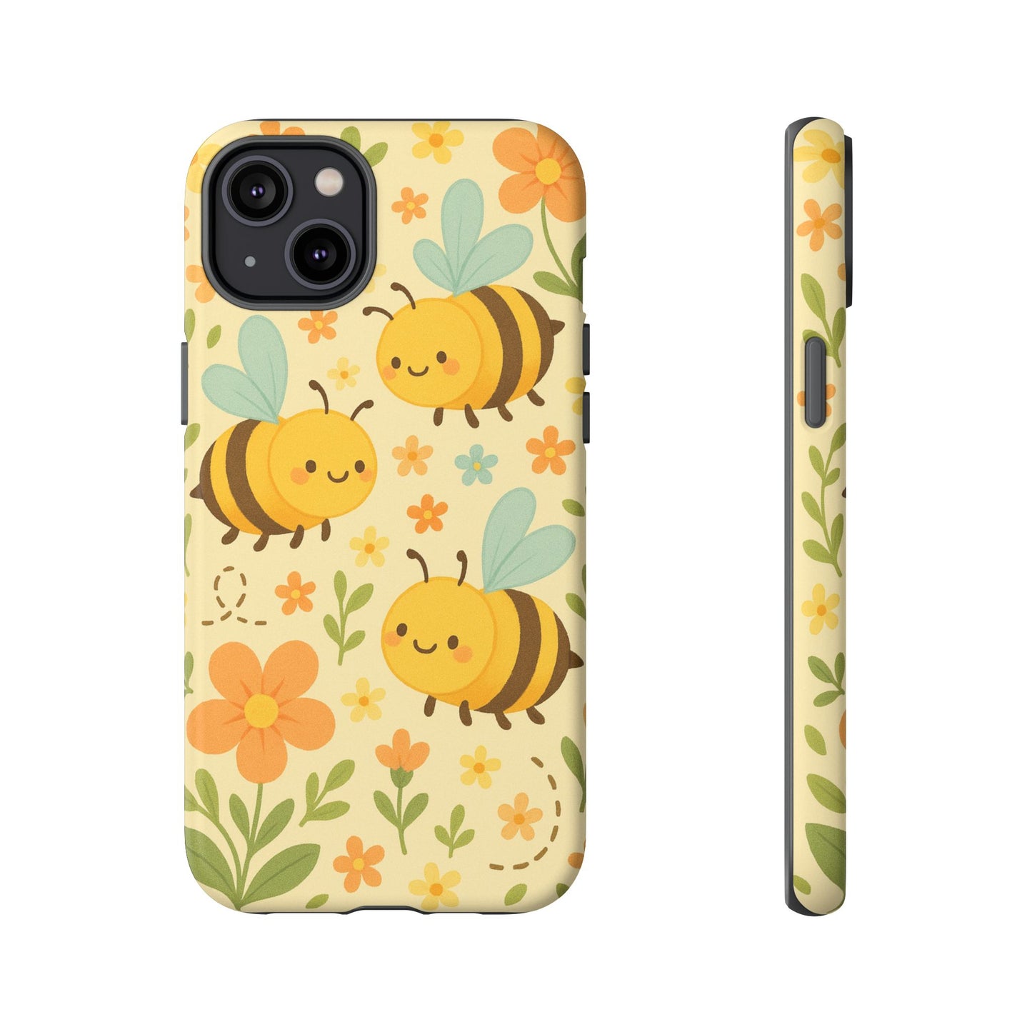 Cute cartoon floral bee tough phone case featuring adorable bees and colorful flowers on a yellow background