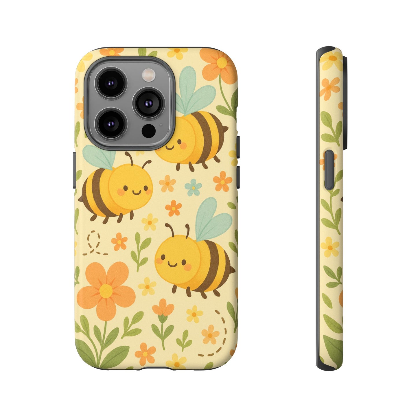 Cute cartoon floral bee tough phone case featuring adorable bees and flowers on a cheerful background