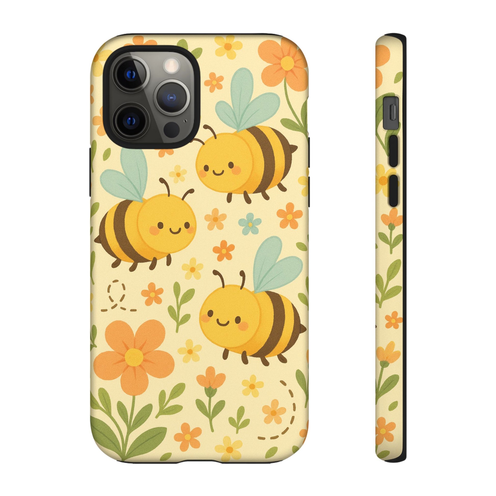 Cute cartoon floral bees tough phone case featuring cheerful bees and colorful flowers.