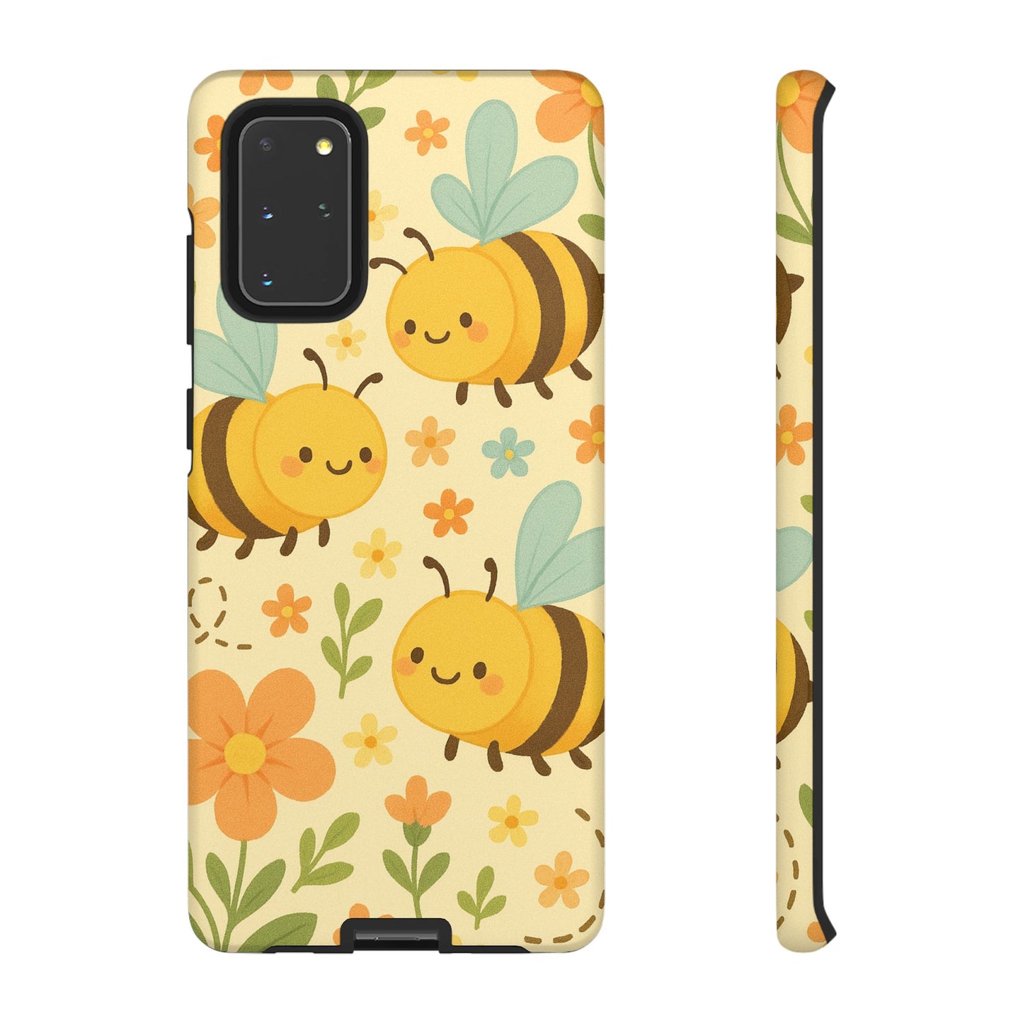 Cute cartoon floral bee tough phone case with adorable bees and vibrant flowers