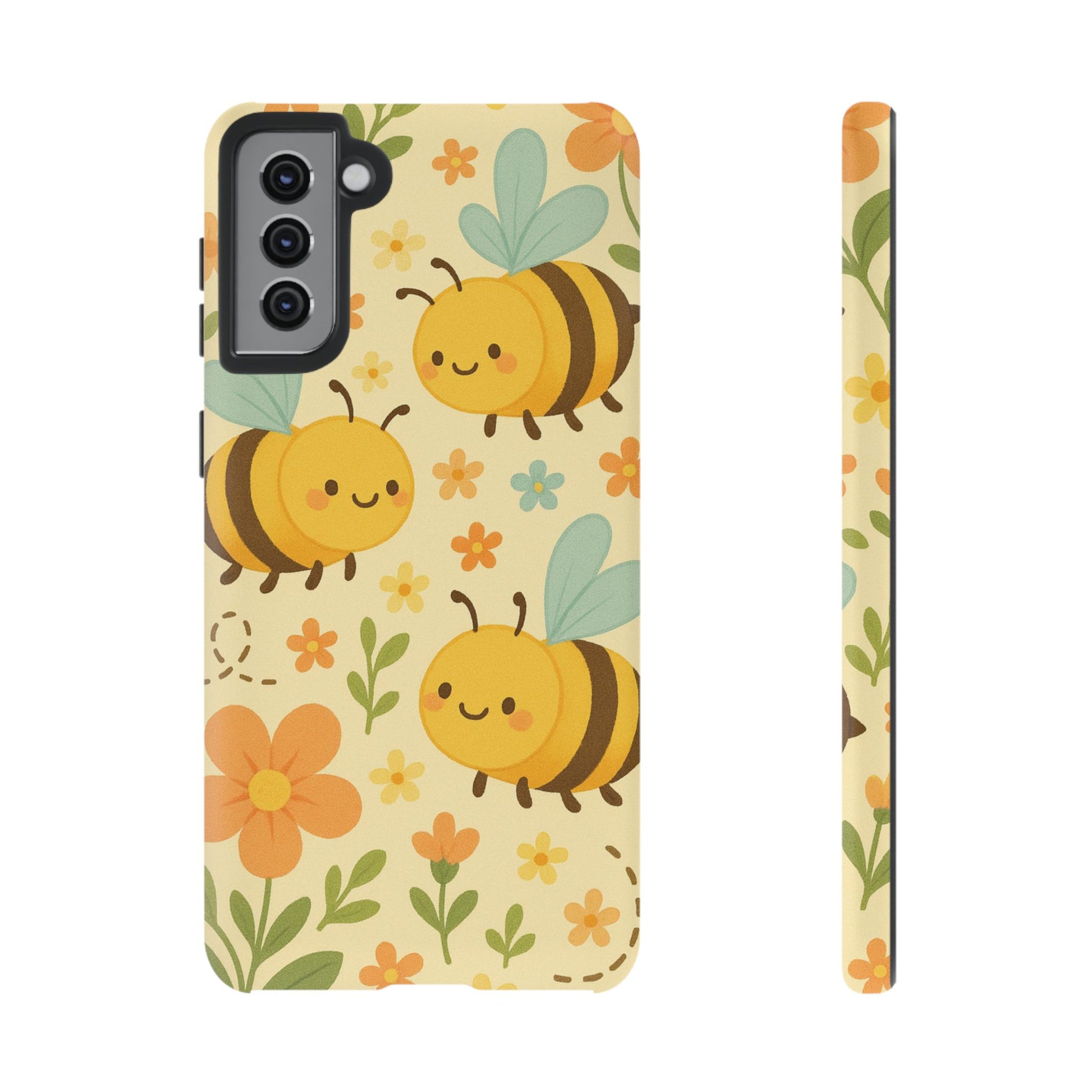 Cute cartoon floral bee tough phone case featuring adorable bees and colorful flowers